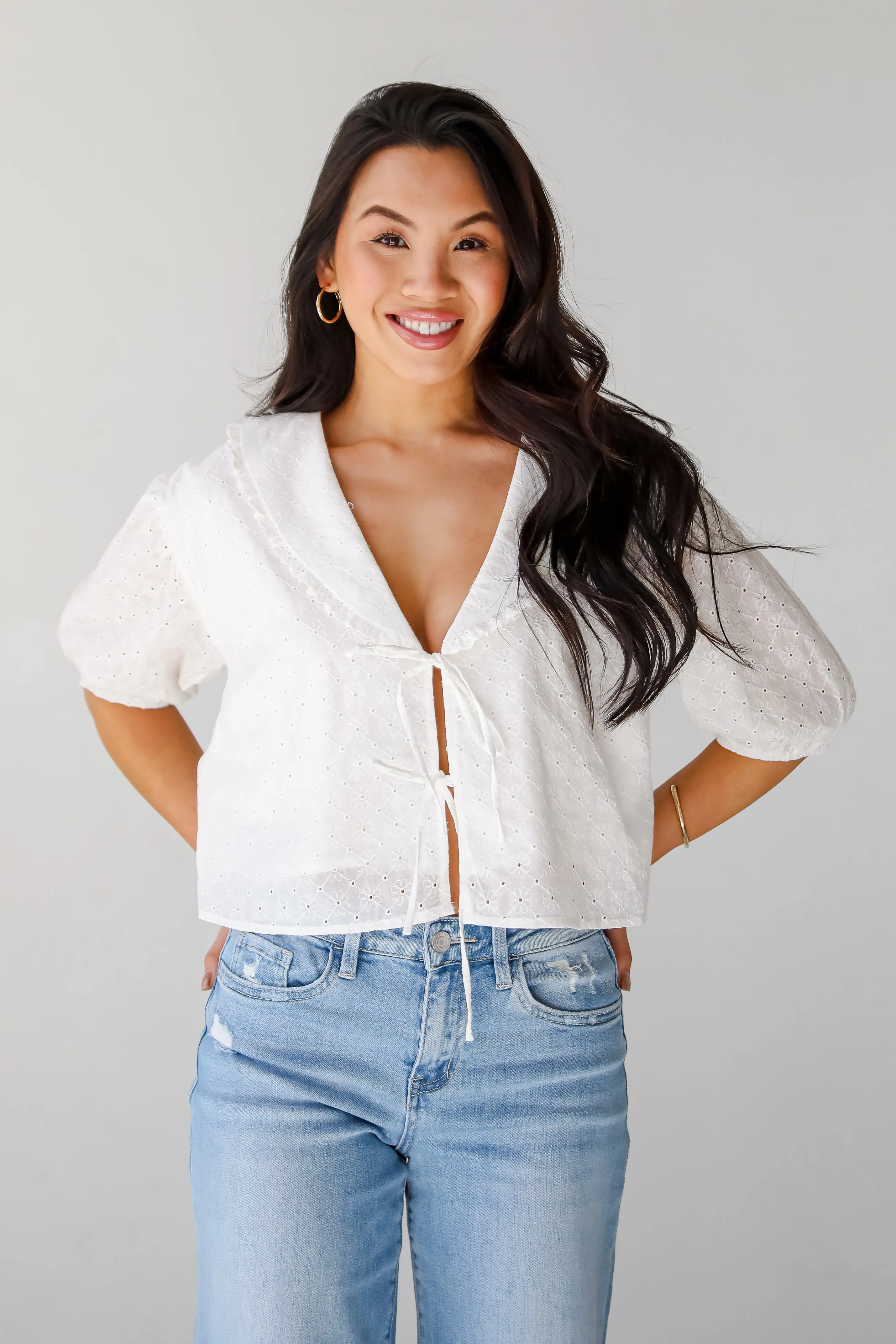 All About You White Eyelet Bow Blouse