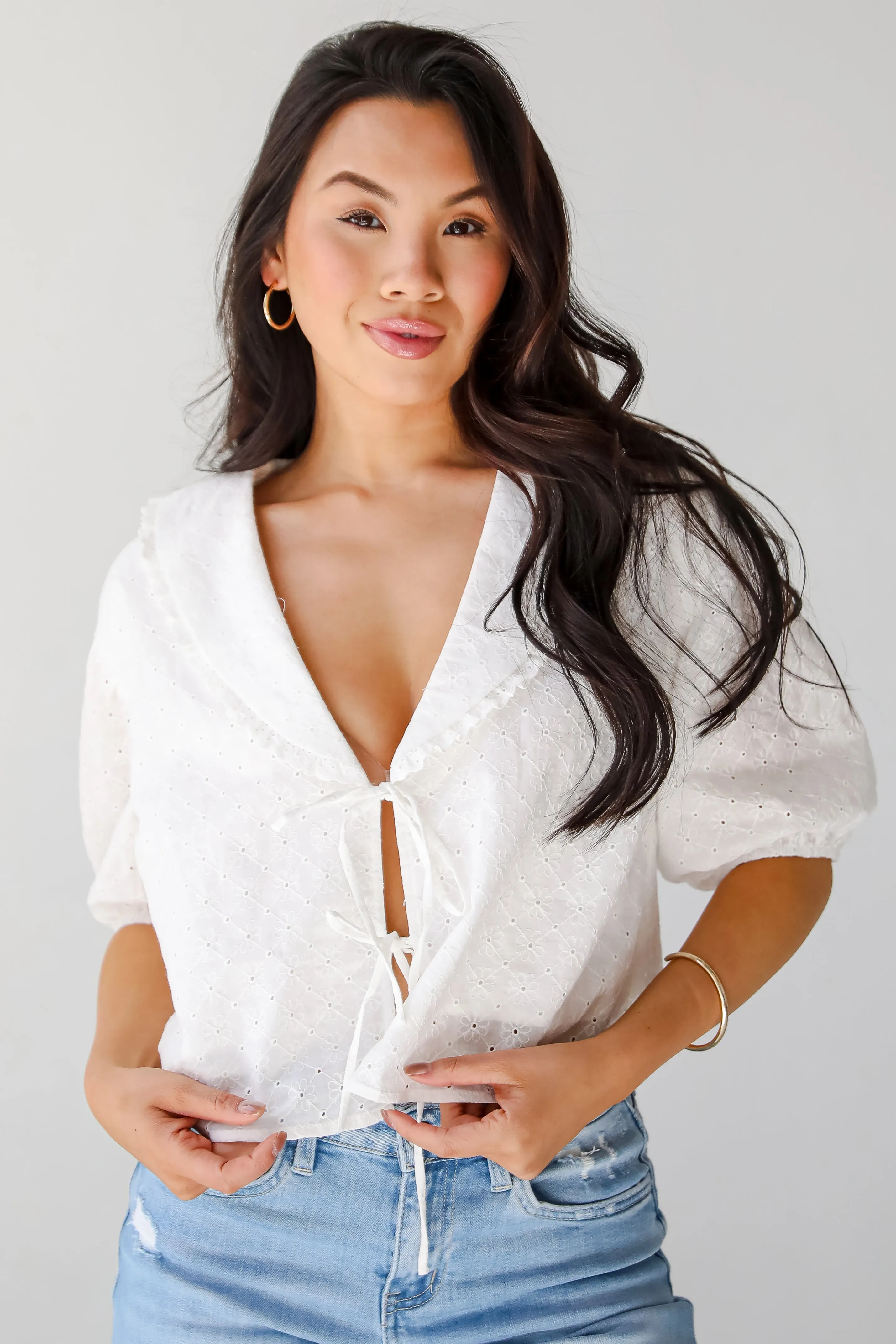All About You White Eyelet Bow Blouse