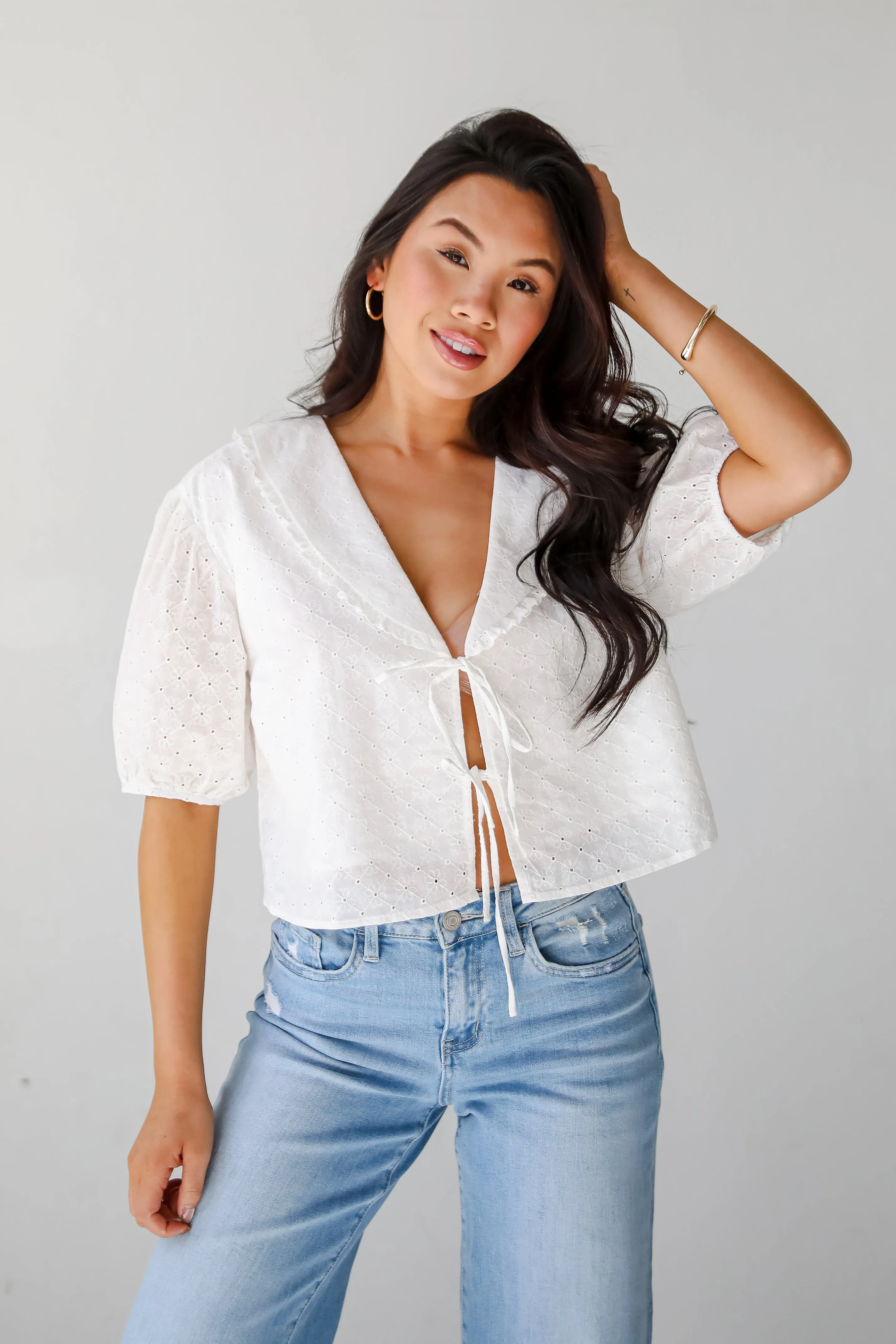 All About You White Eyelet Bow Blouse