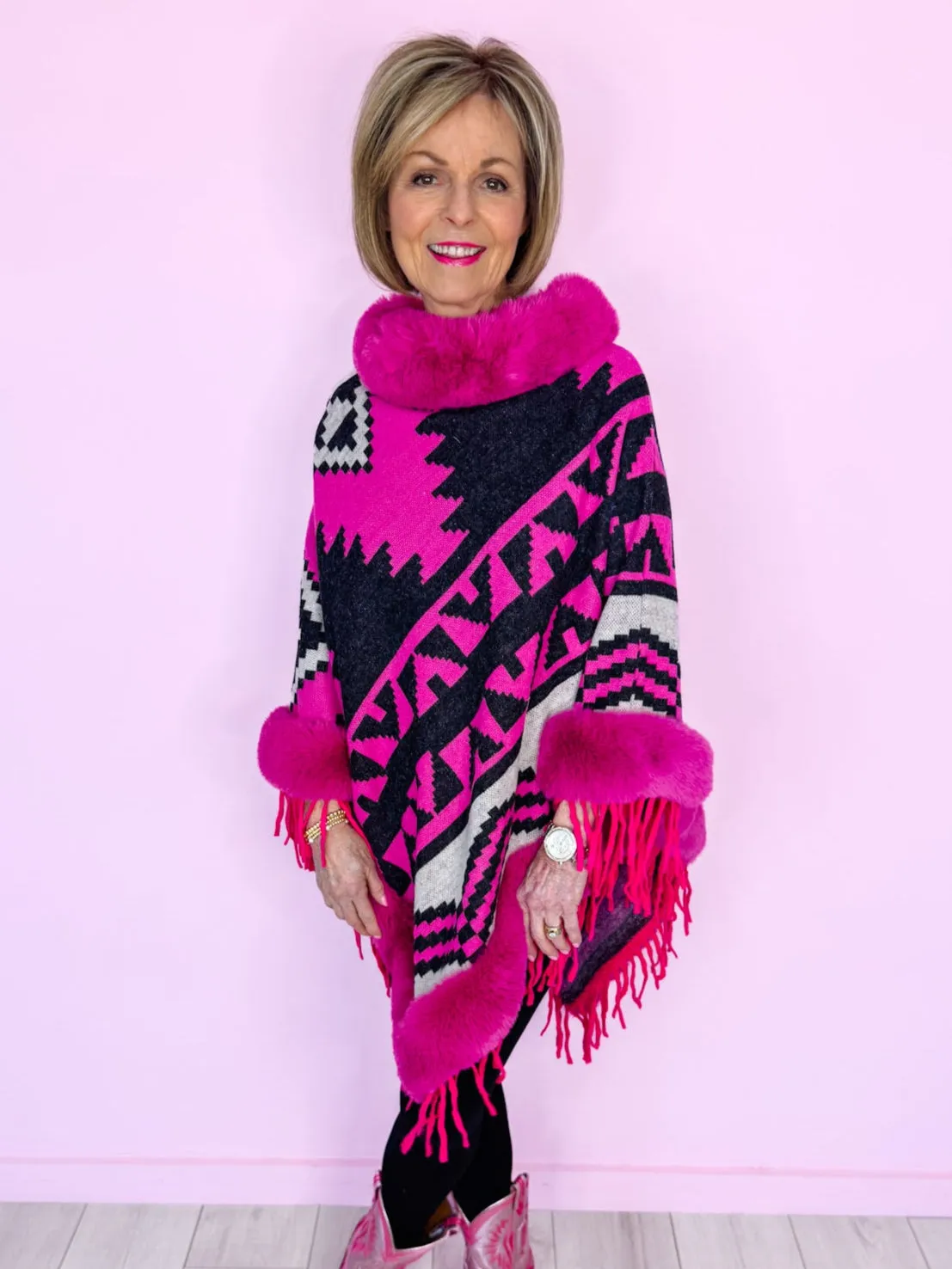 AZTEC MIRAGE FUR TRIM PONCHO - FUCHSIA