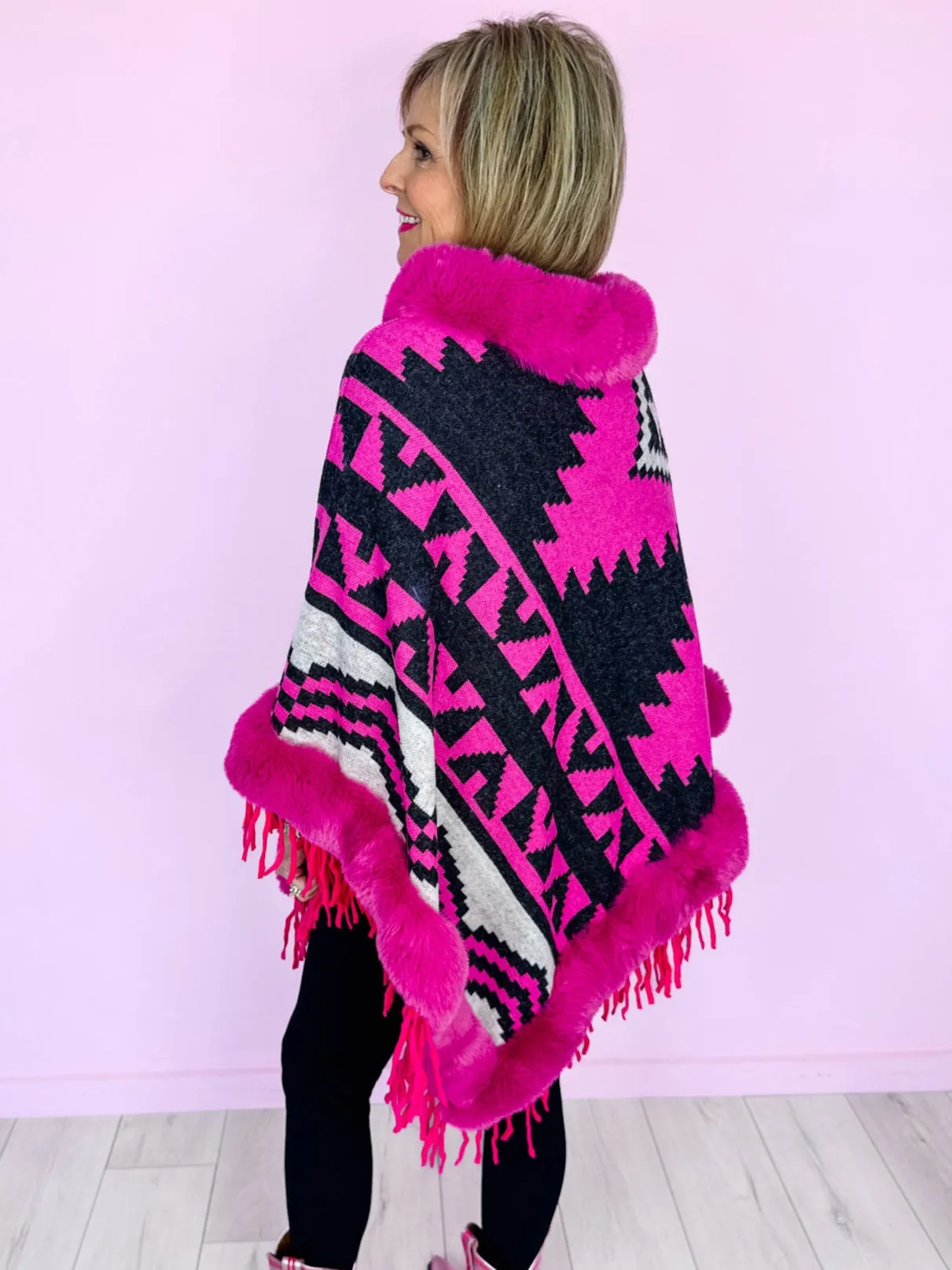 AZTEC MIRAGE FUR TRIM PONCHO - FUCHSIA