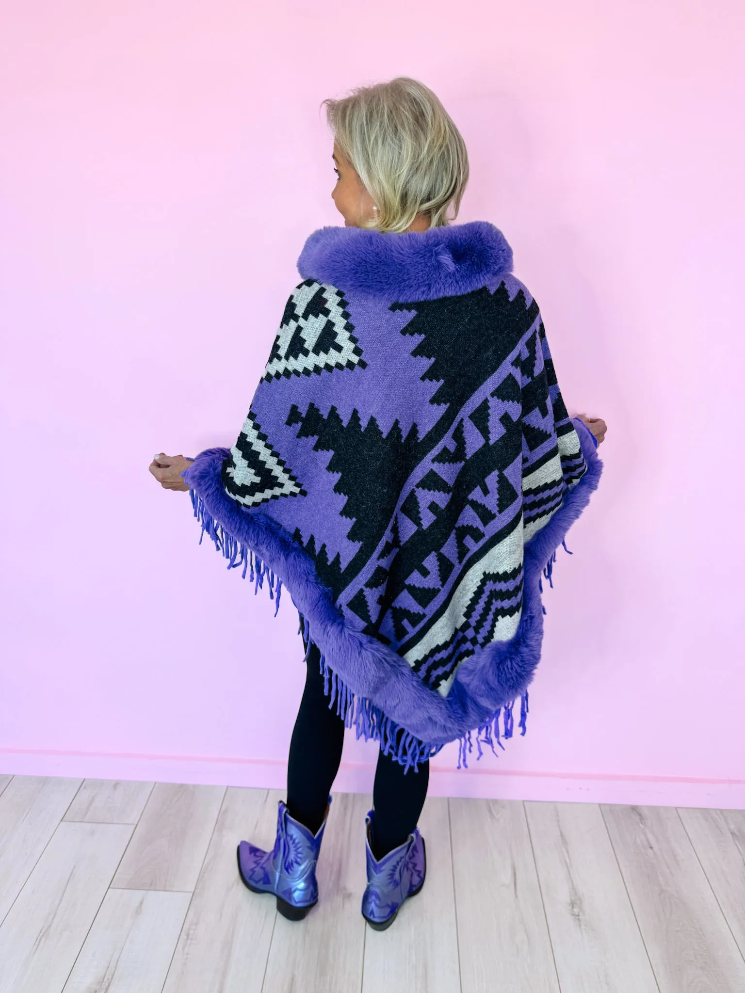 AZTEC MIRAGE FUR TRIM PONCHO - PURPLE