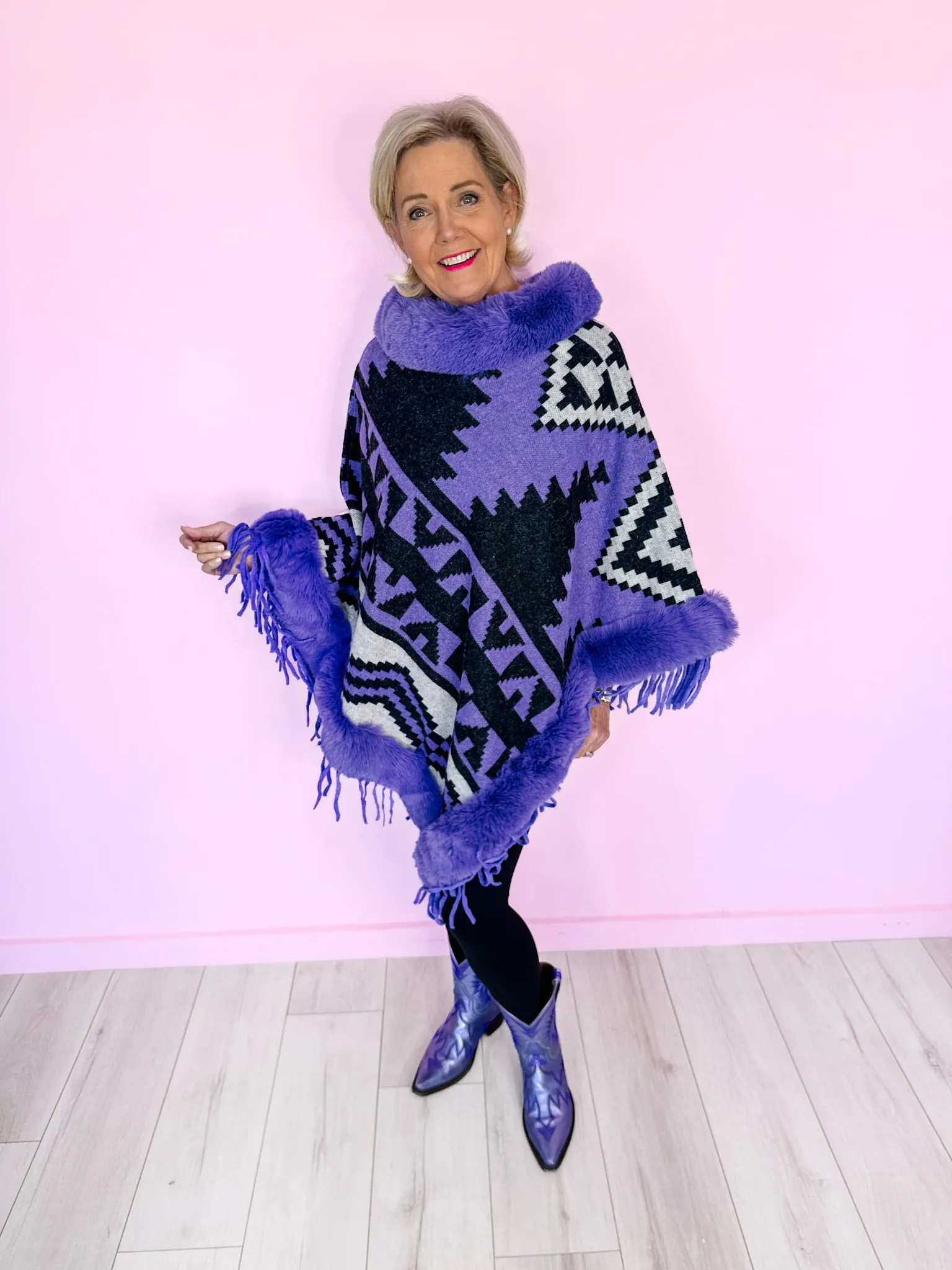 AZTEC MIRAGE FUR TRIM PONCHO - PURPLE