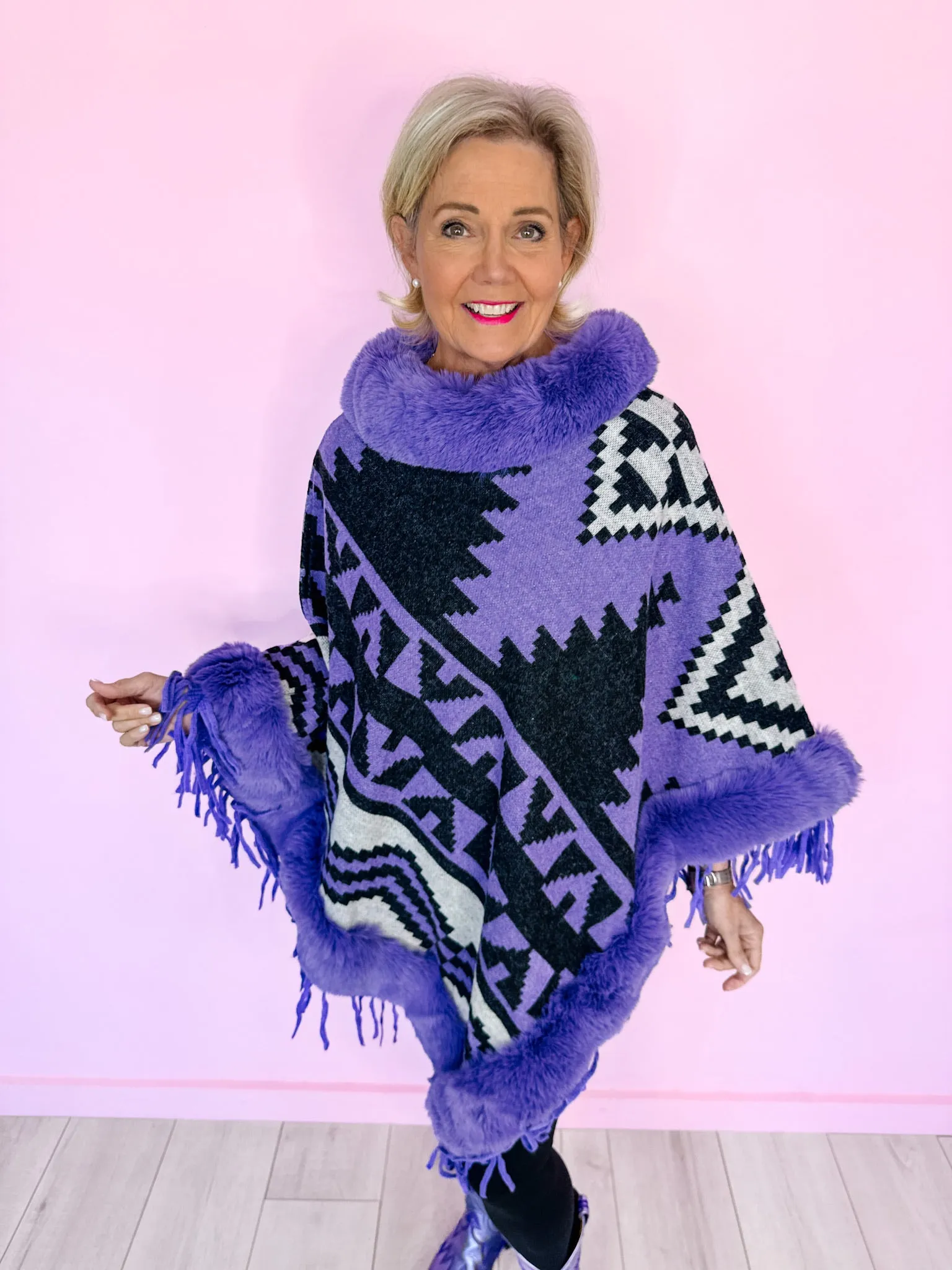 AZTEC MIRAGE FUR TRIM PONCHO - PURPLE