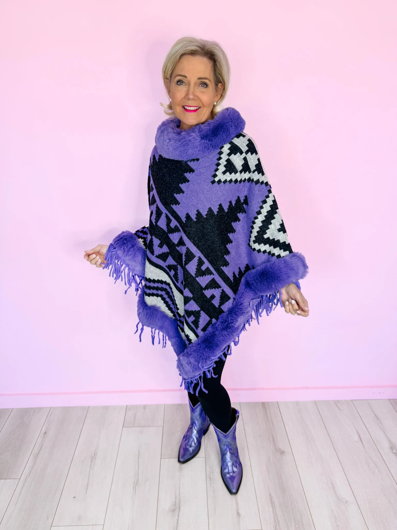 AZTEC MIRAGE FUR TRIM PONCHO - PURPLE