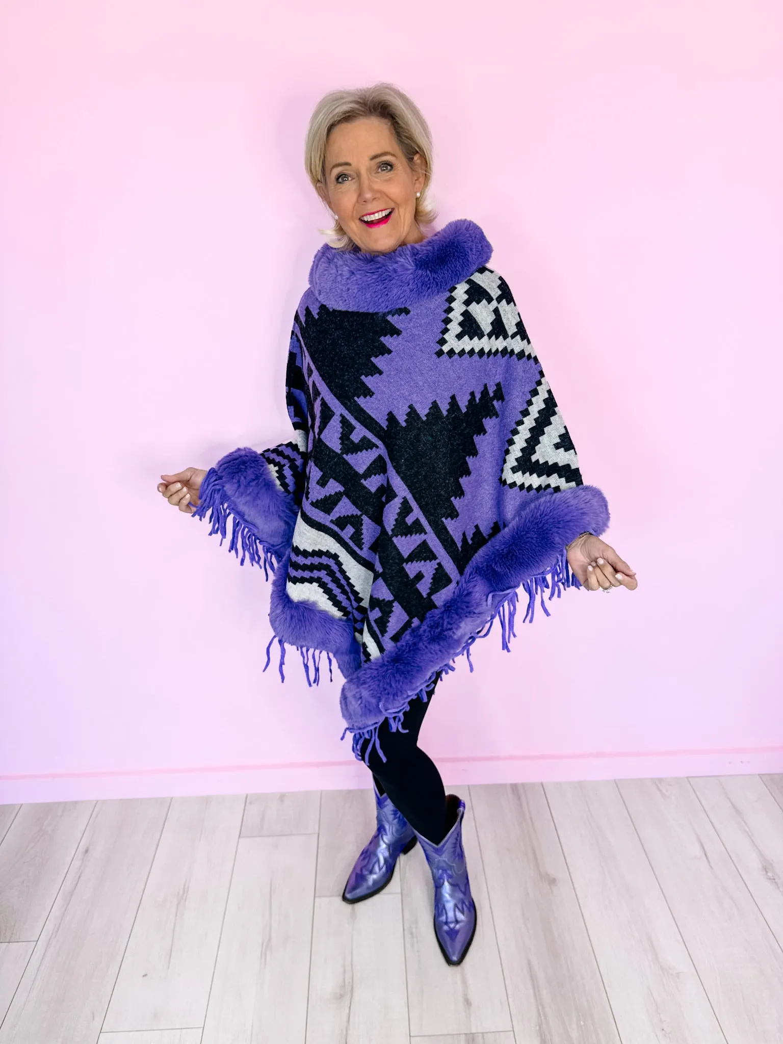 AZTEC MIRAGE FUR TRIM PONCHO - PURPLE