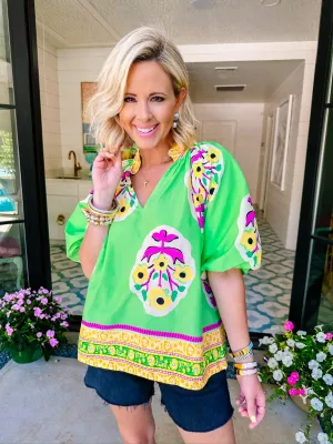 BOTANICAL BLISS PUFF SLEEVE TOP - GREEN