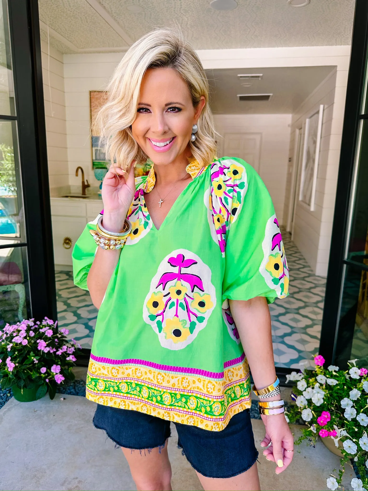 BOTANICAL BLISS PUFF SLEEVE TOP - GREEN