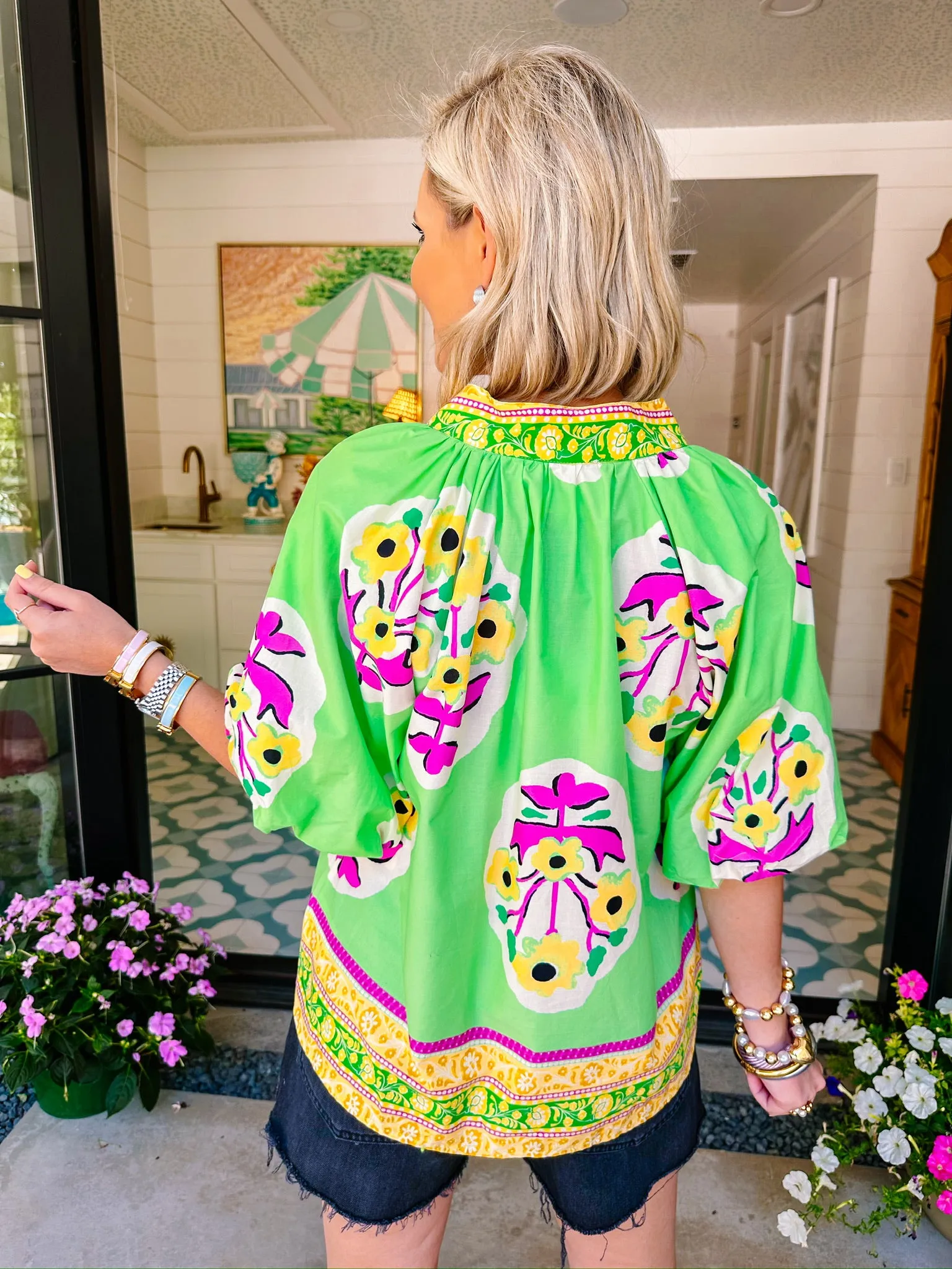 BOTANICAL BLISS PUFF SLEEVE TOP - GREEN