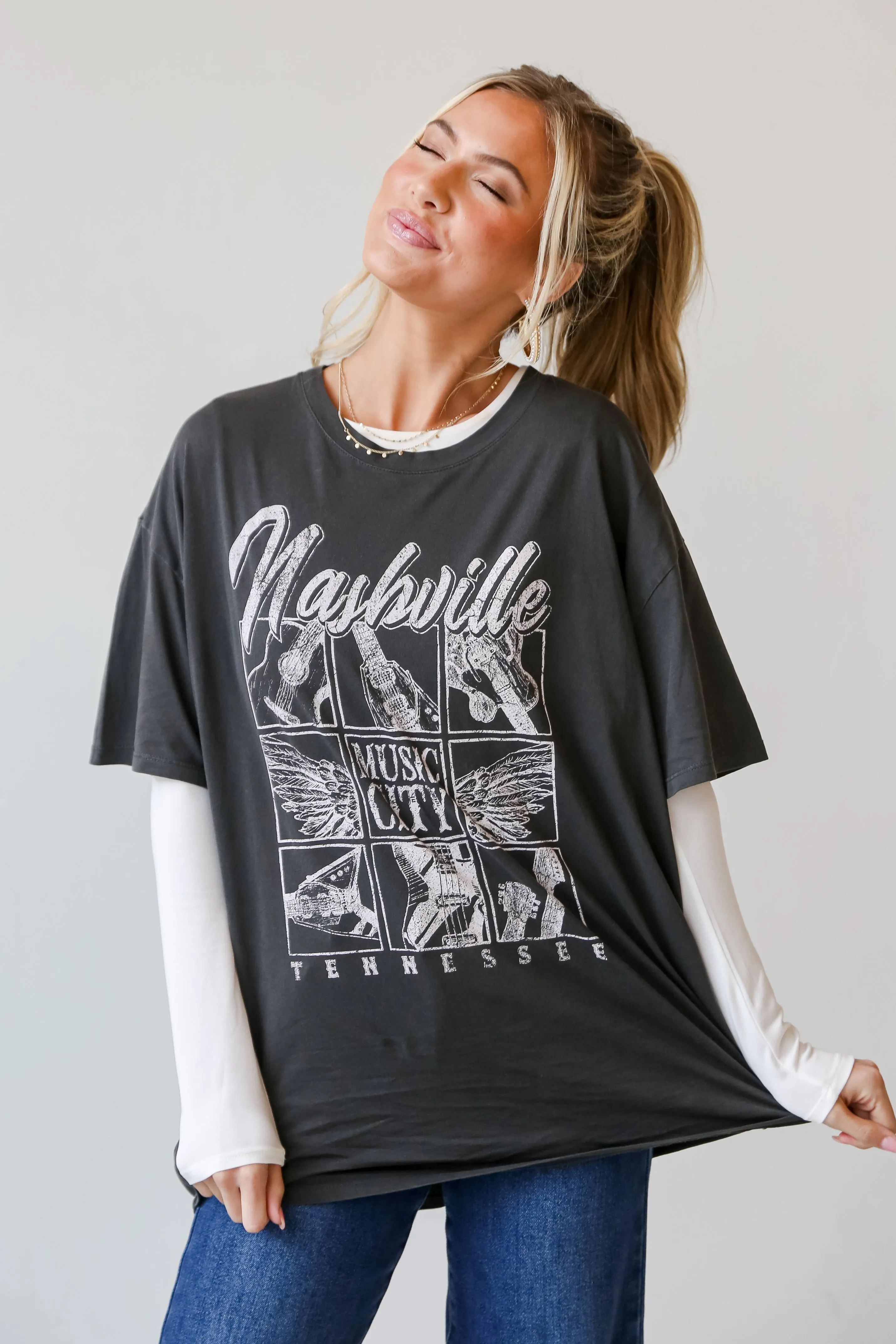Charcoal Nashville Tennessee Music City Oversized Graphic Tee