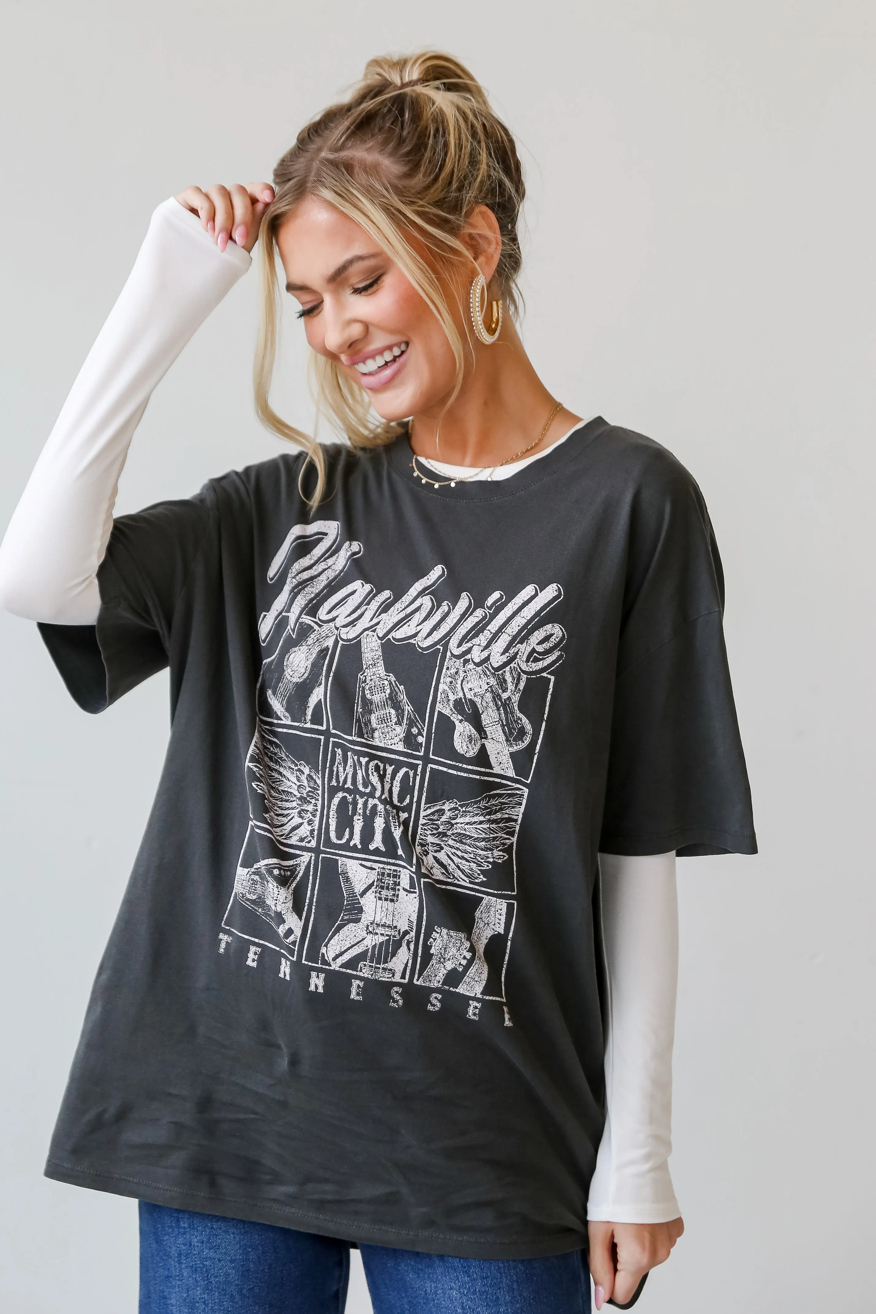 Charcoal Nashville Tennessee Music City Oversized Graphic Tee