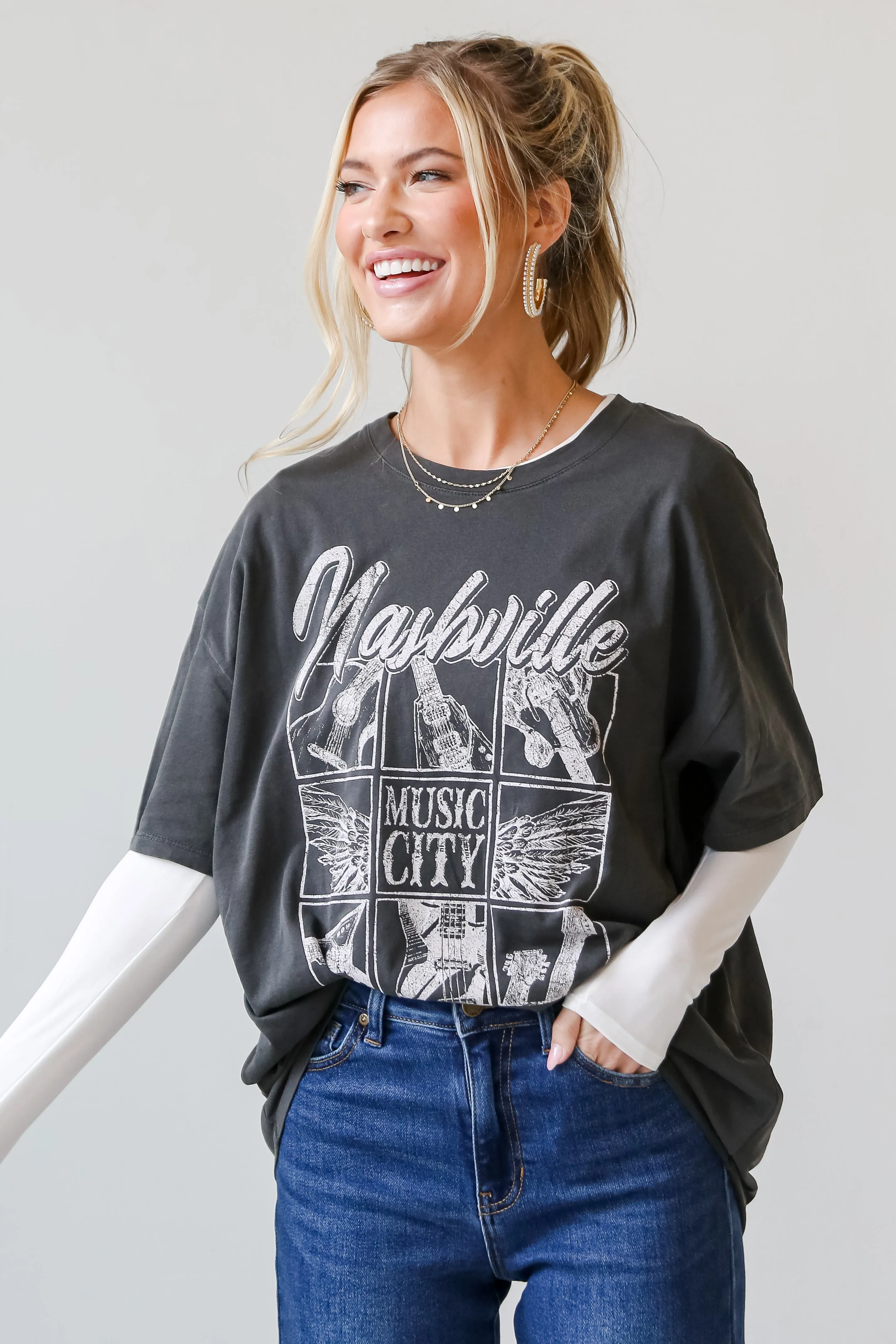 Charcoal Nashville Tennessee Music City Oversized Graphic Tee