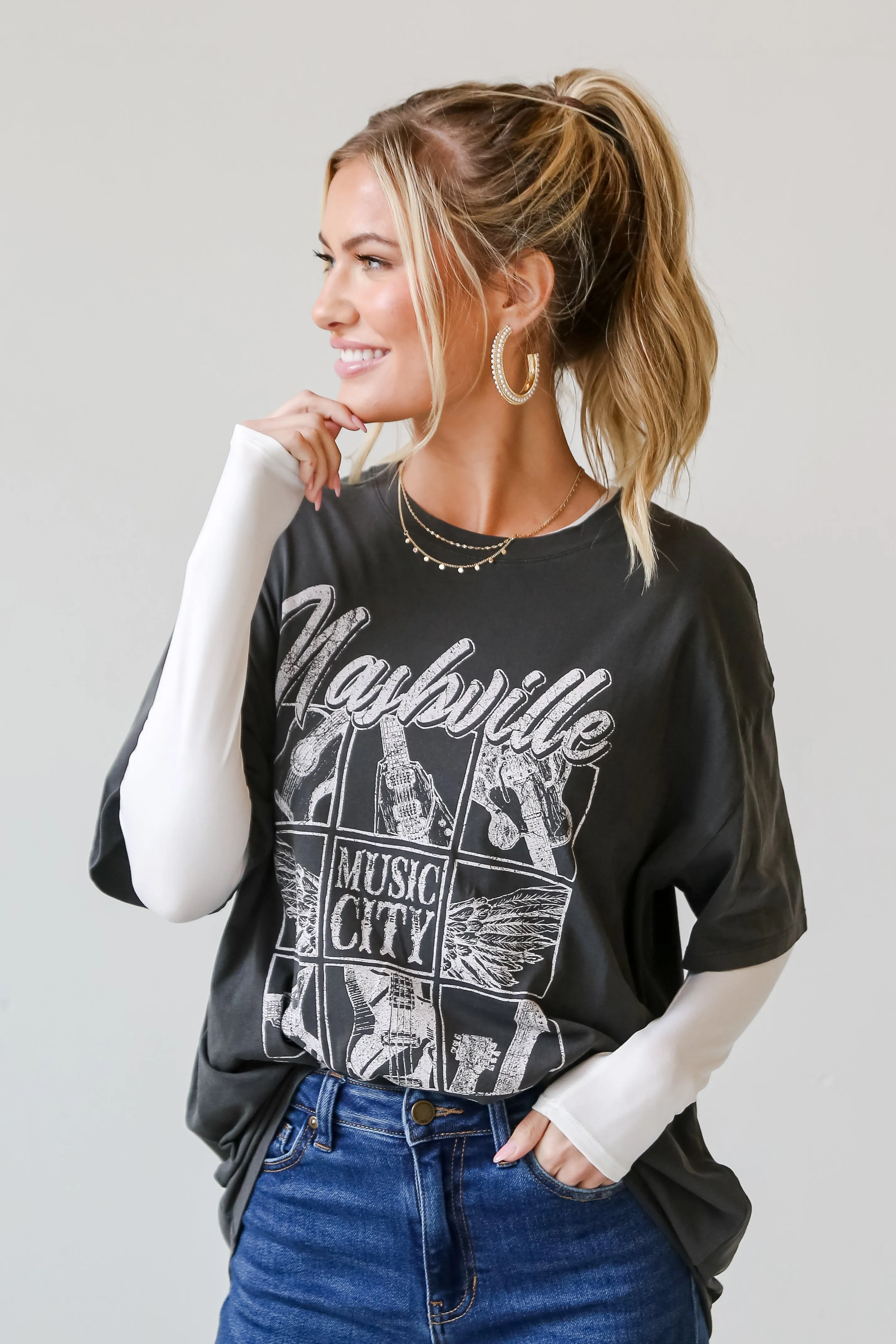 Charcoal Nashville Tennessee Music City Oversized Graphic Tee