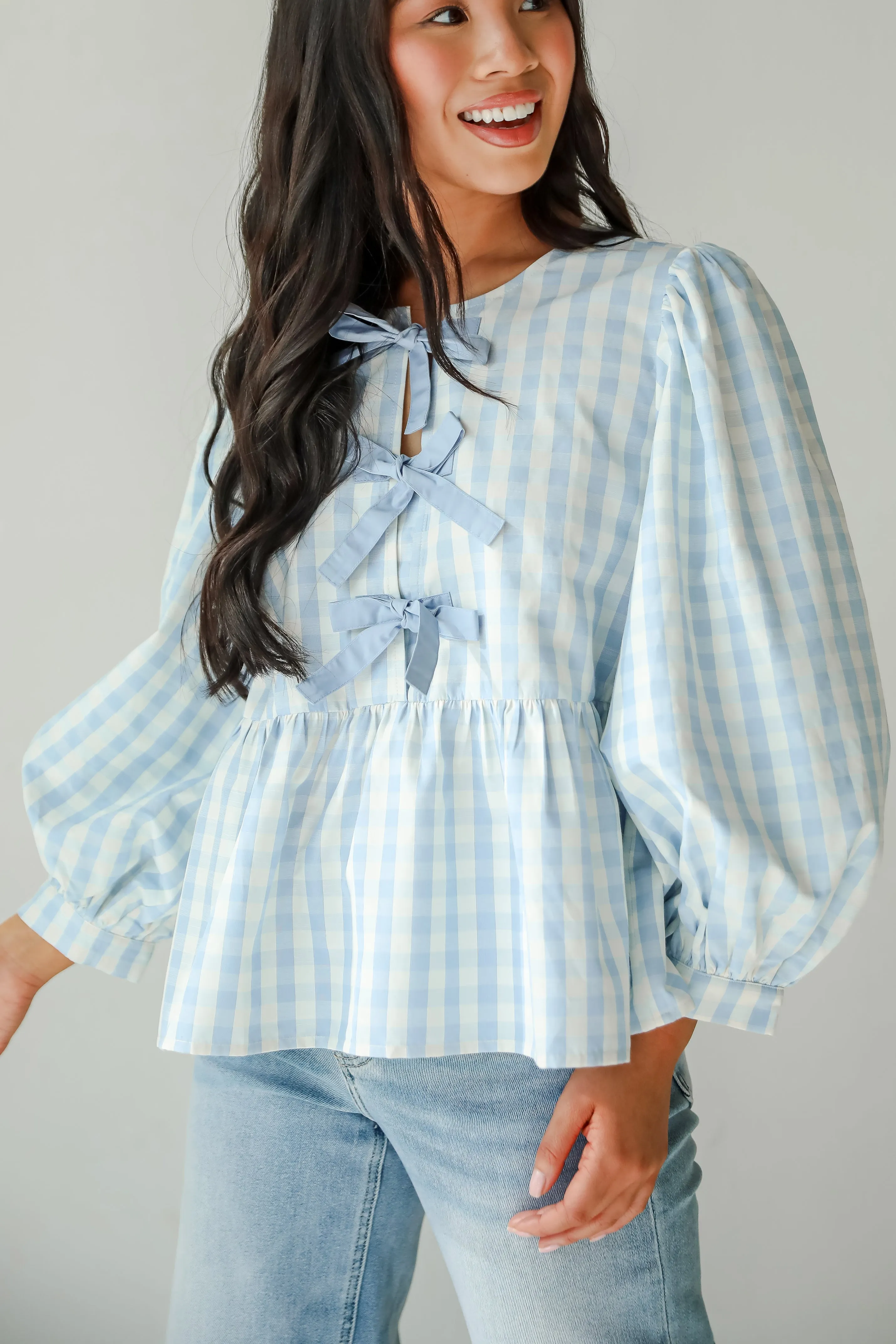 Chic Preciousness Light Blue Gingham Bow Blouse