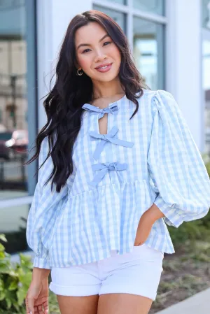 Chic Preciousness Light Blue Gingham Bow Blouse