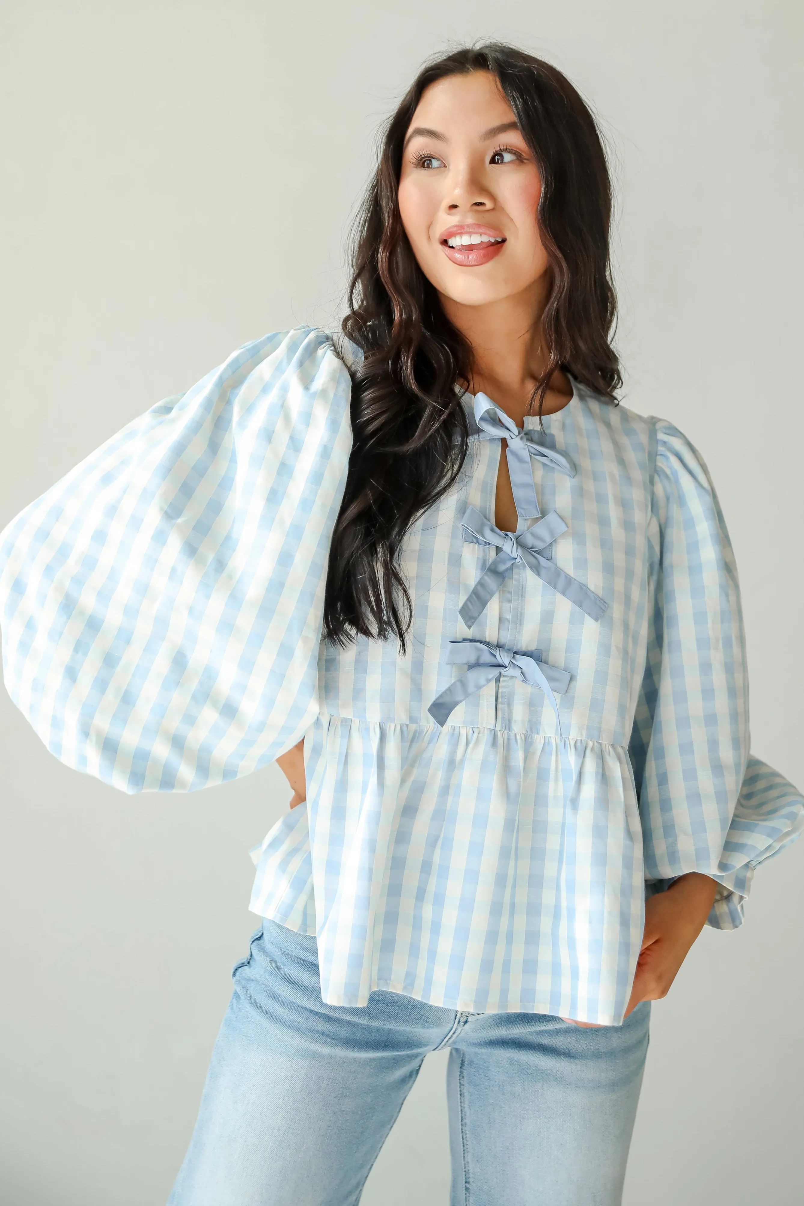 Chic Preciousness Light Blue Gingham Bow Blouse