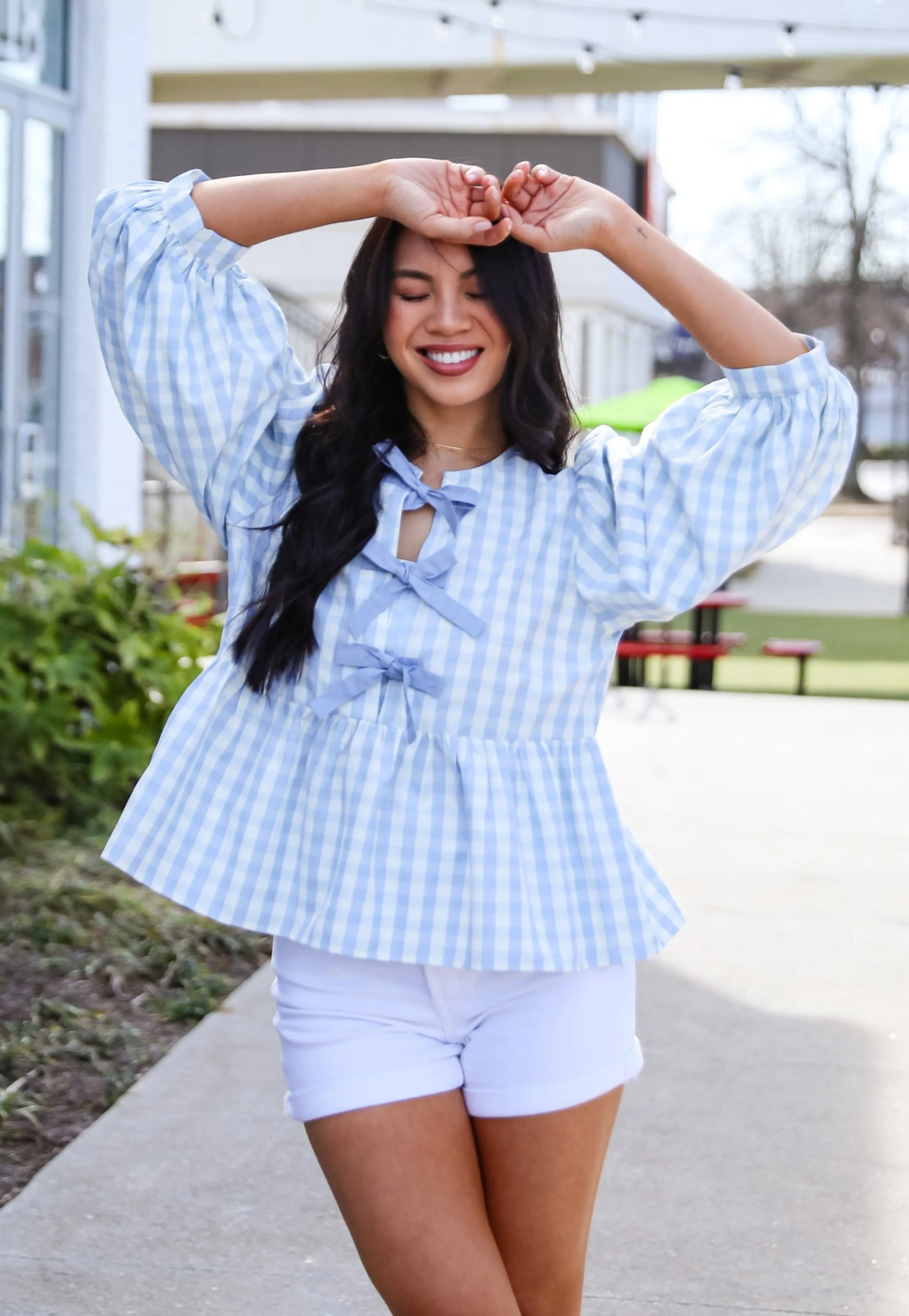 Chic Preciousness Light Blue Gingham Bow Blouse
