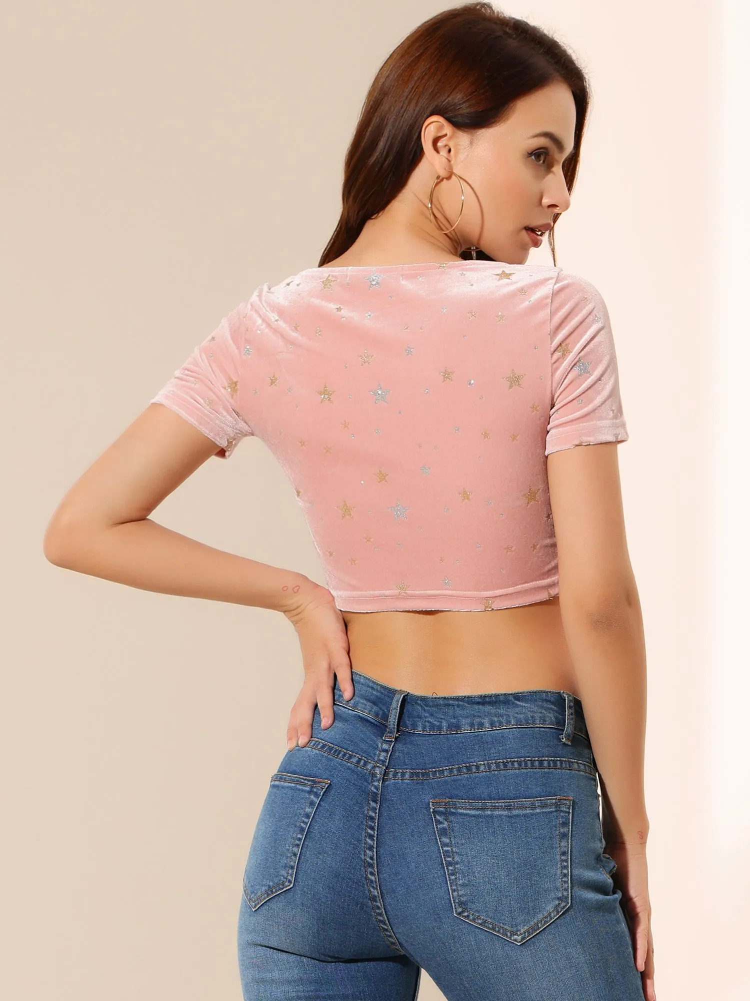 Christmas Velvet Scoop Neck Short Sleeve Slim Fit Crop Top