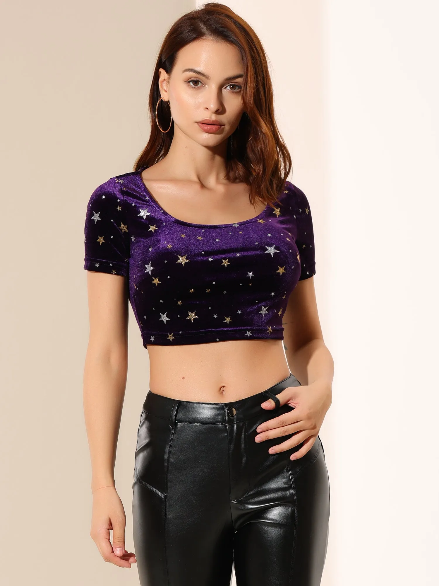 Christmas Velvet Scoop Neck Short Sleeve Slim Fit Crop Top