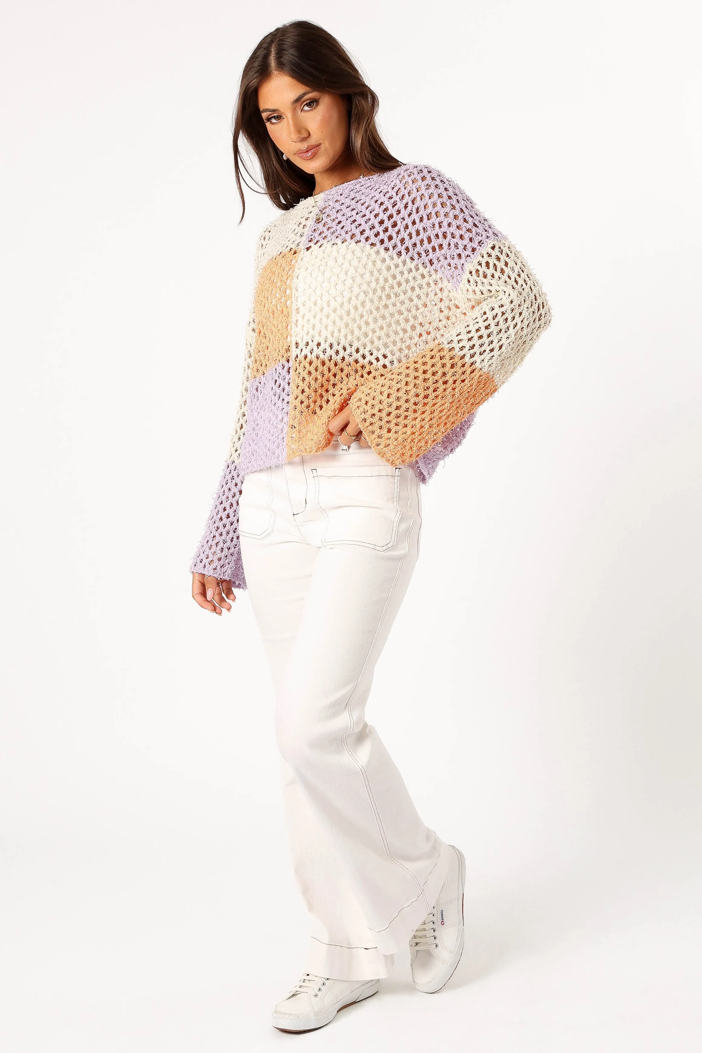 Dawn Color Block Knit Sweater - Cream Lavender