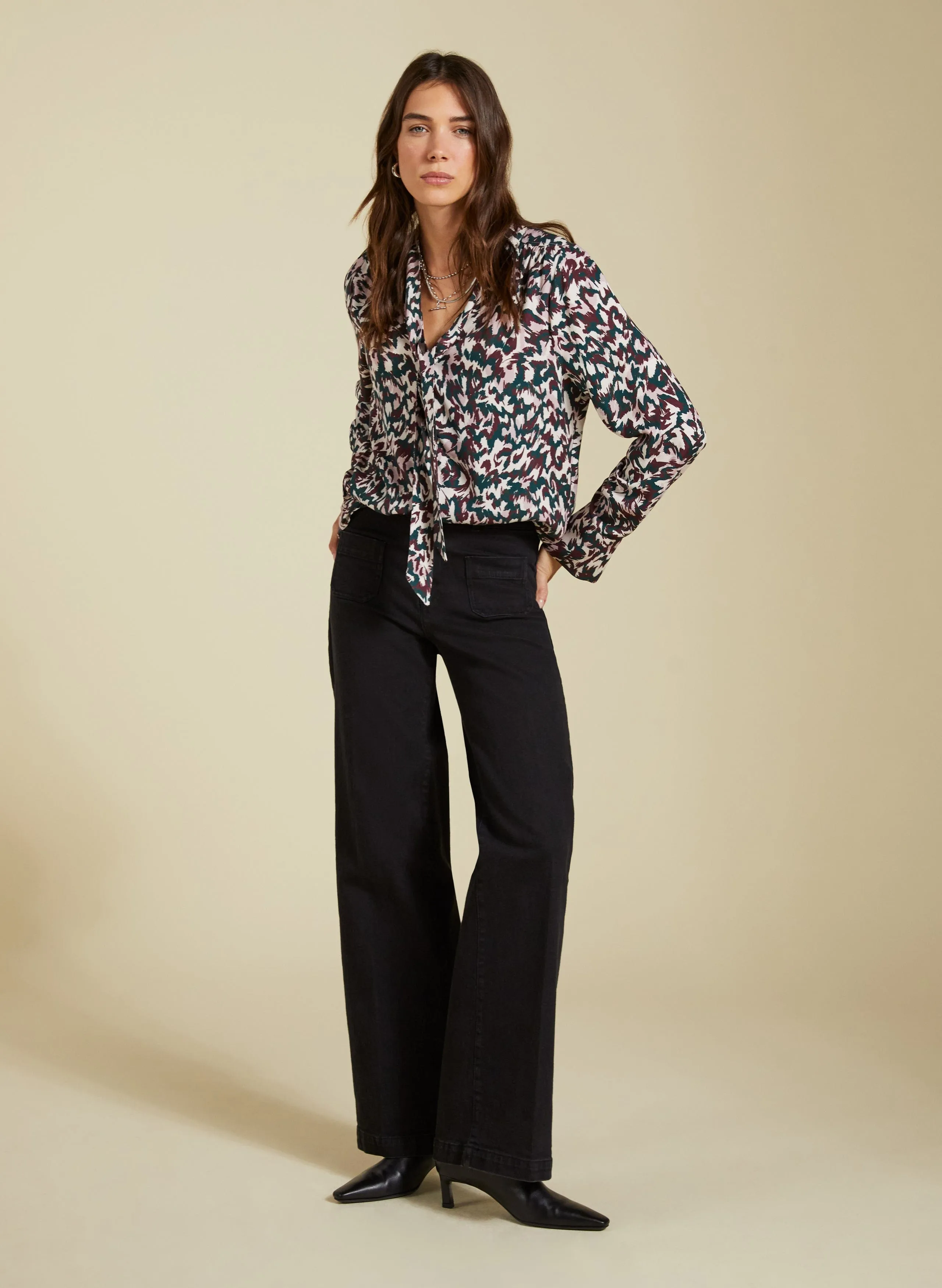 Effie LENZING™ ECOVERO™ Printed Tie Neck Blouse | Beige Animal Print