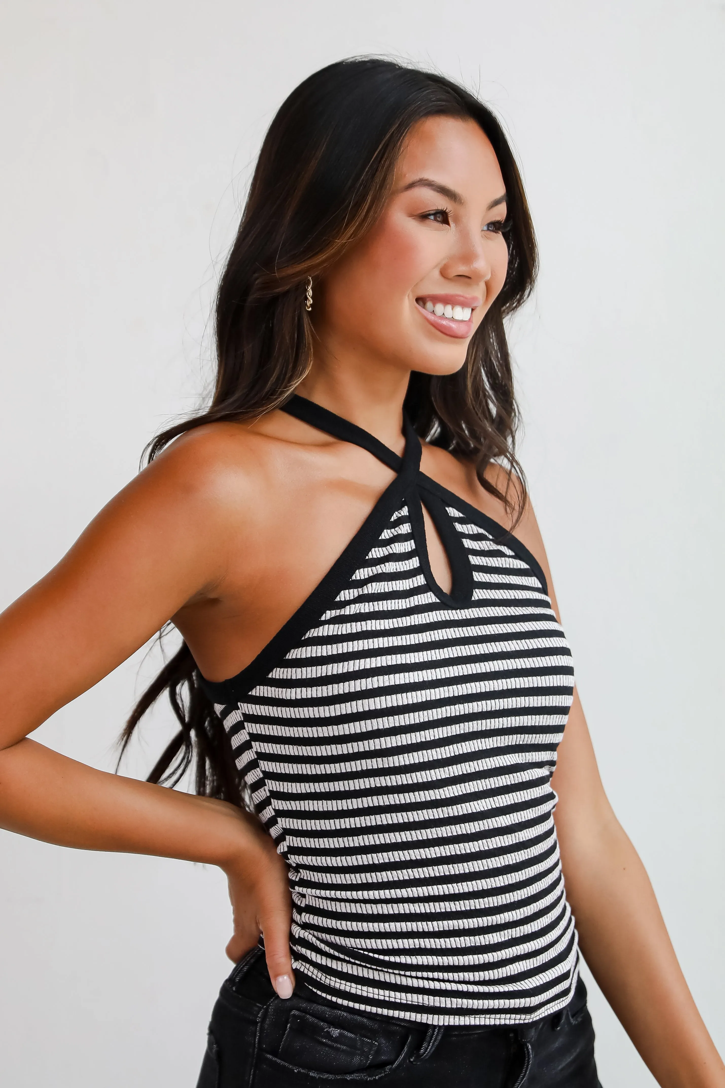 Elevated Coolness Ivory Striped Halter Tank - DU DEAL