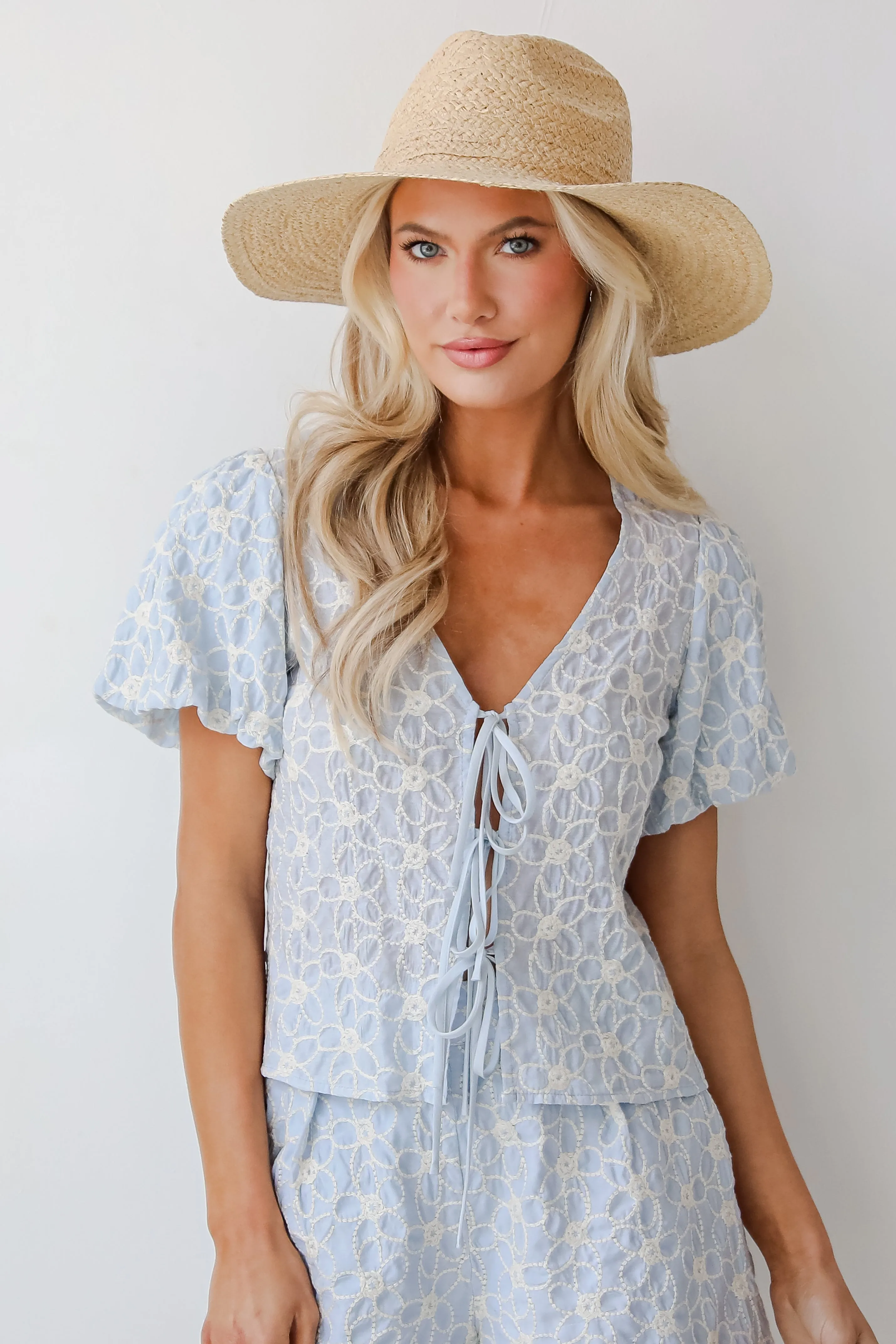 Feeling Dreamy Light Blue Floral Embroidered Bow Blouse