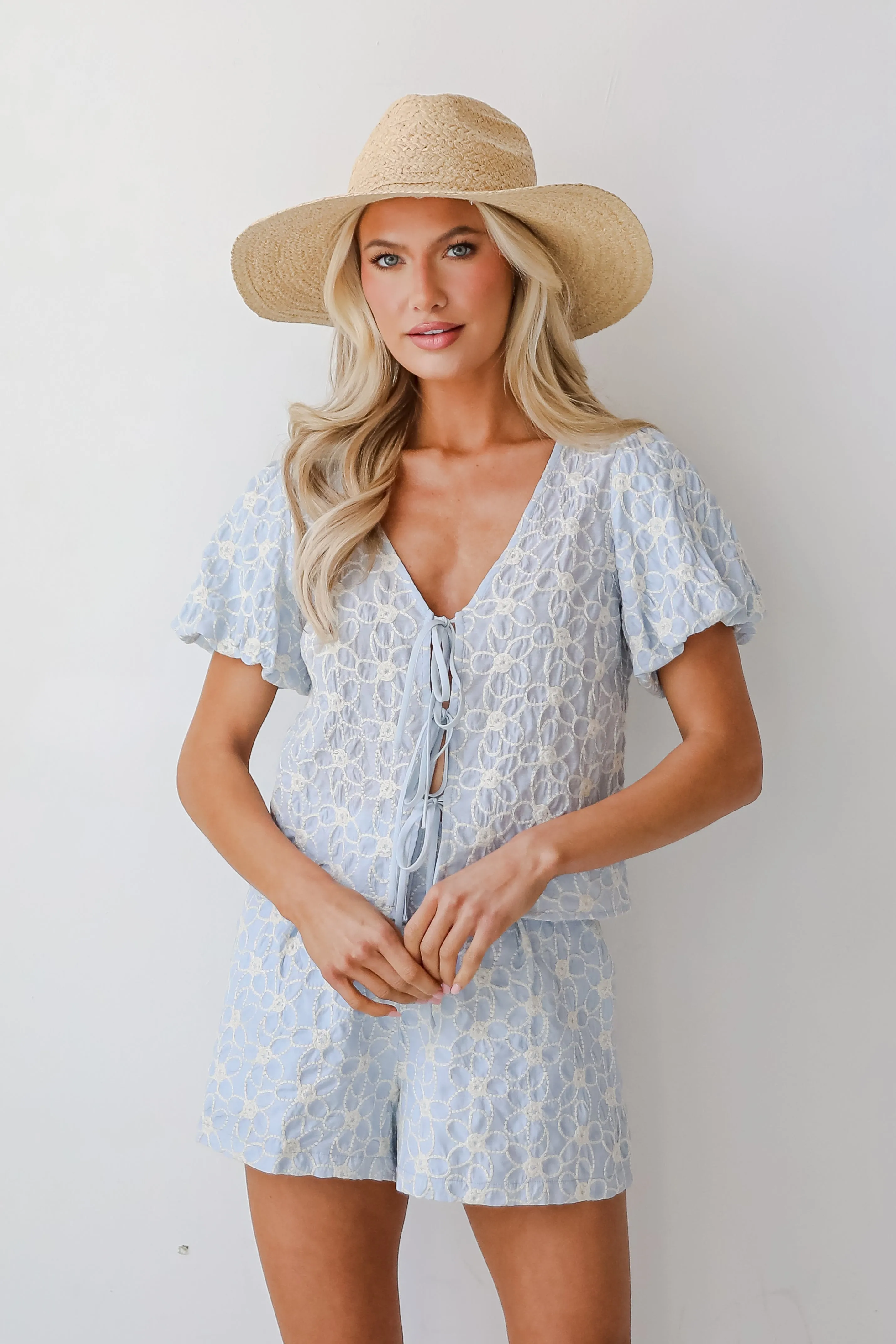 Feeling Dreamy Light Blue Floral Embroidered Bow Blouse