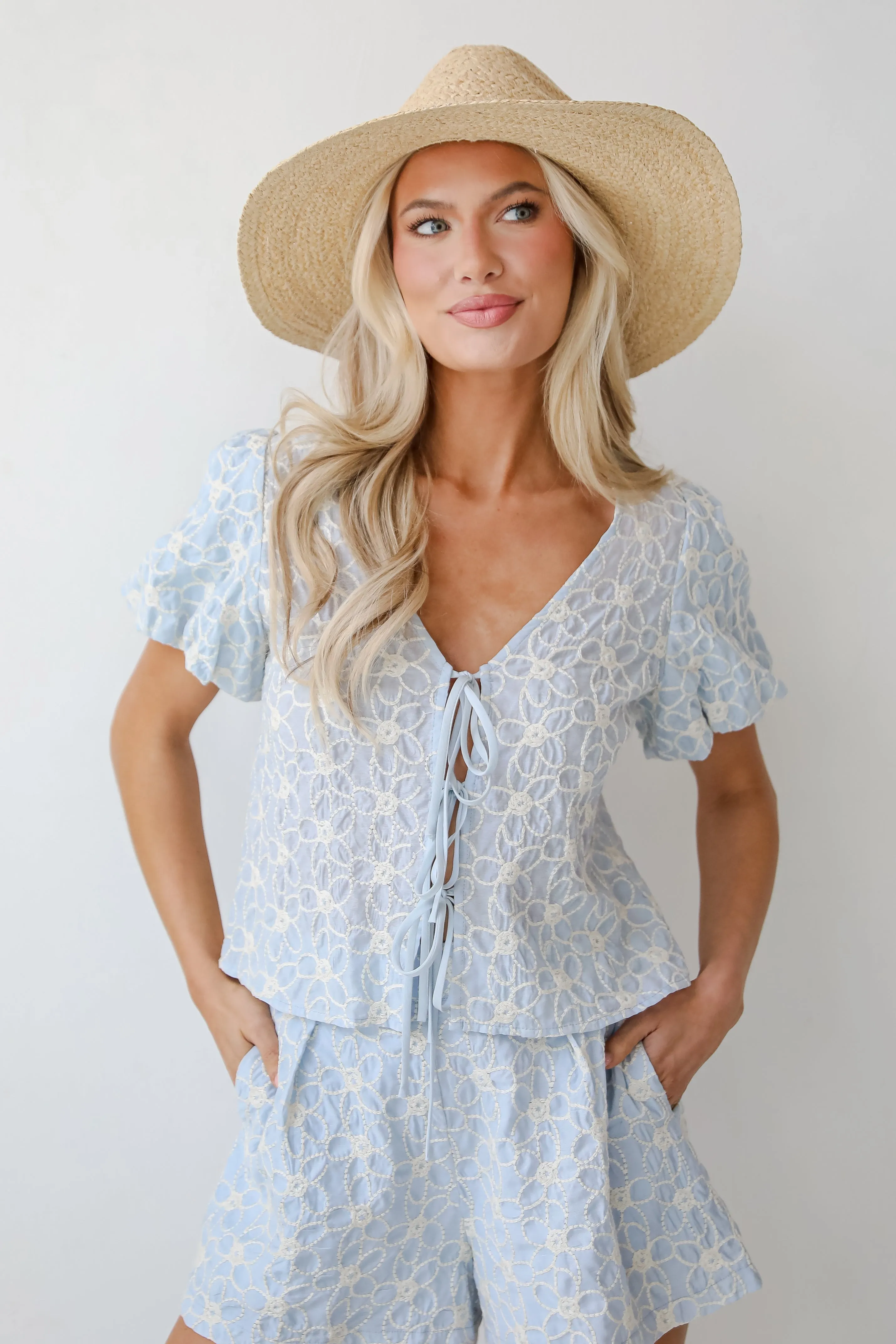 Feeling Dreamy Light Blue Floral Embroidered Bow Blouse