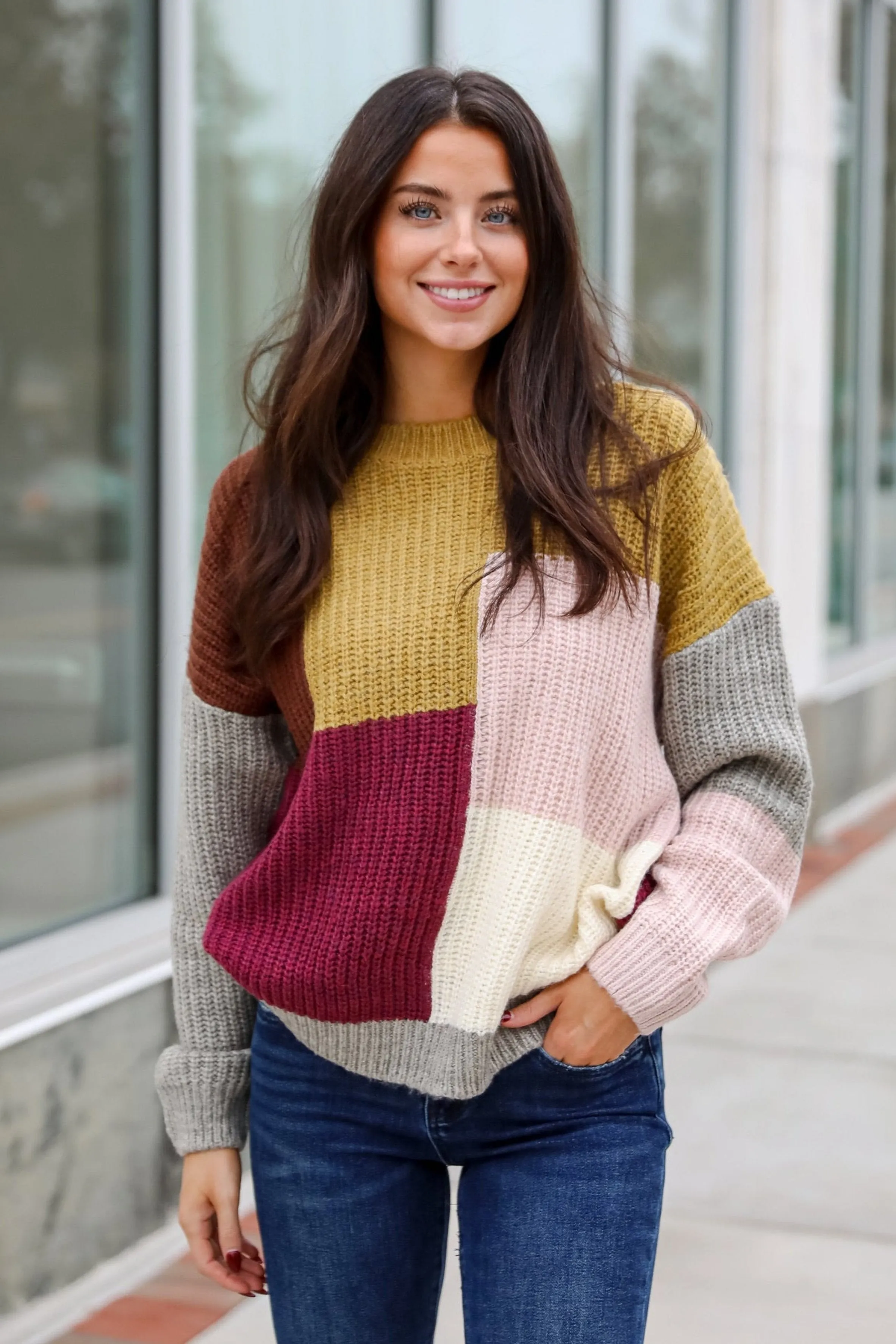 FINAL SALE - Adorable Expression Burgundy Color Block Sweater
