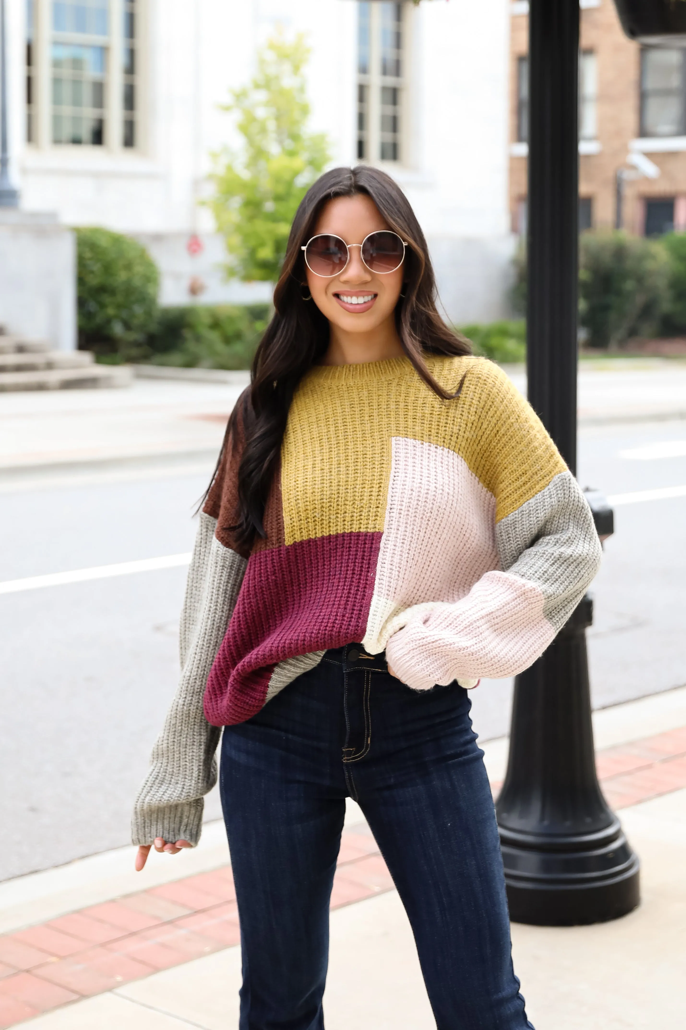 FINAL SALE - Adorable Expression Burgundy Color Block Sweater