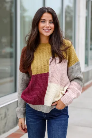 FINAL SALE - Adorable Expression Burgundy Color Block Sweater