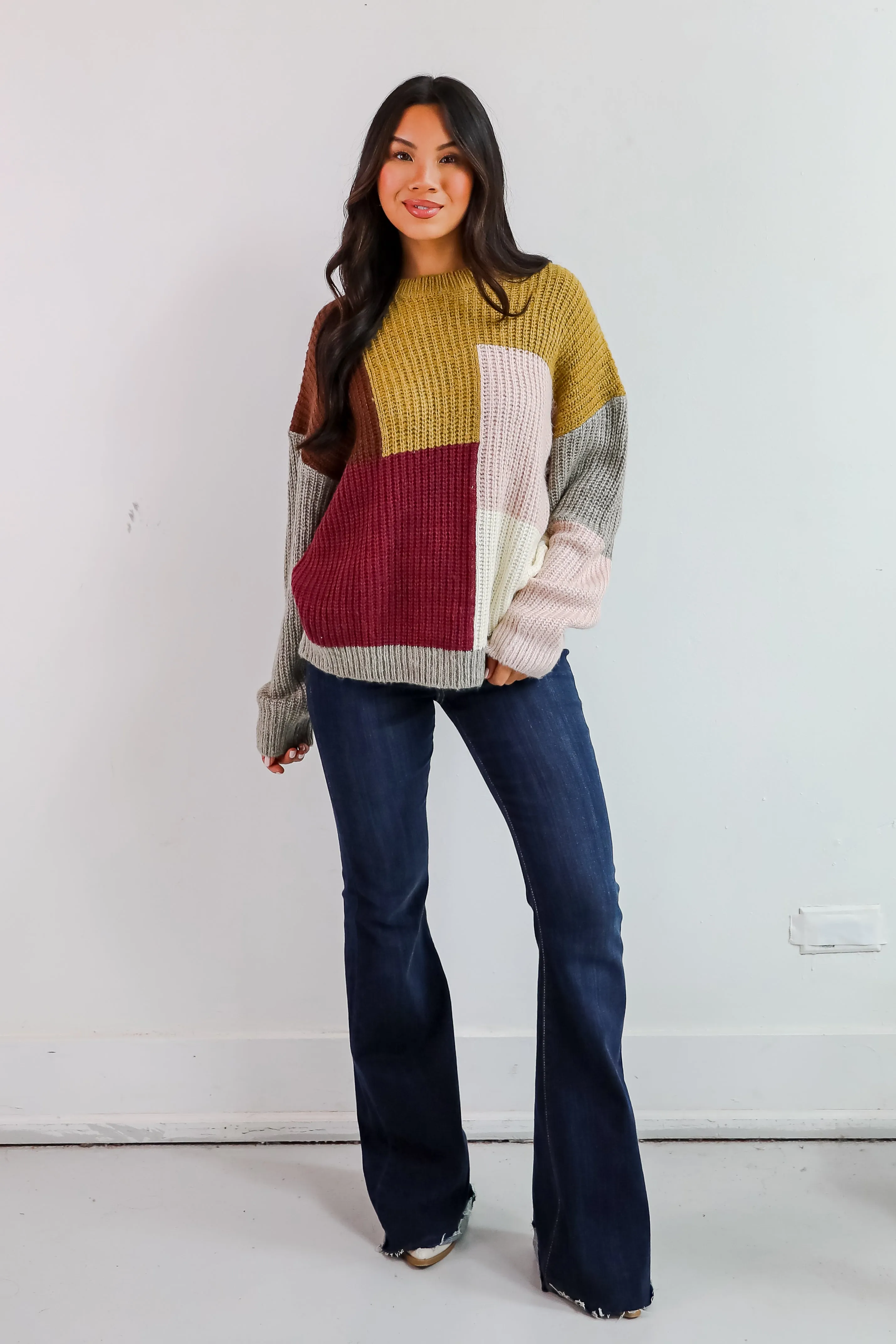 FINAL SALE - Adorable Expression Burgundy Color Block Sweater