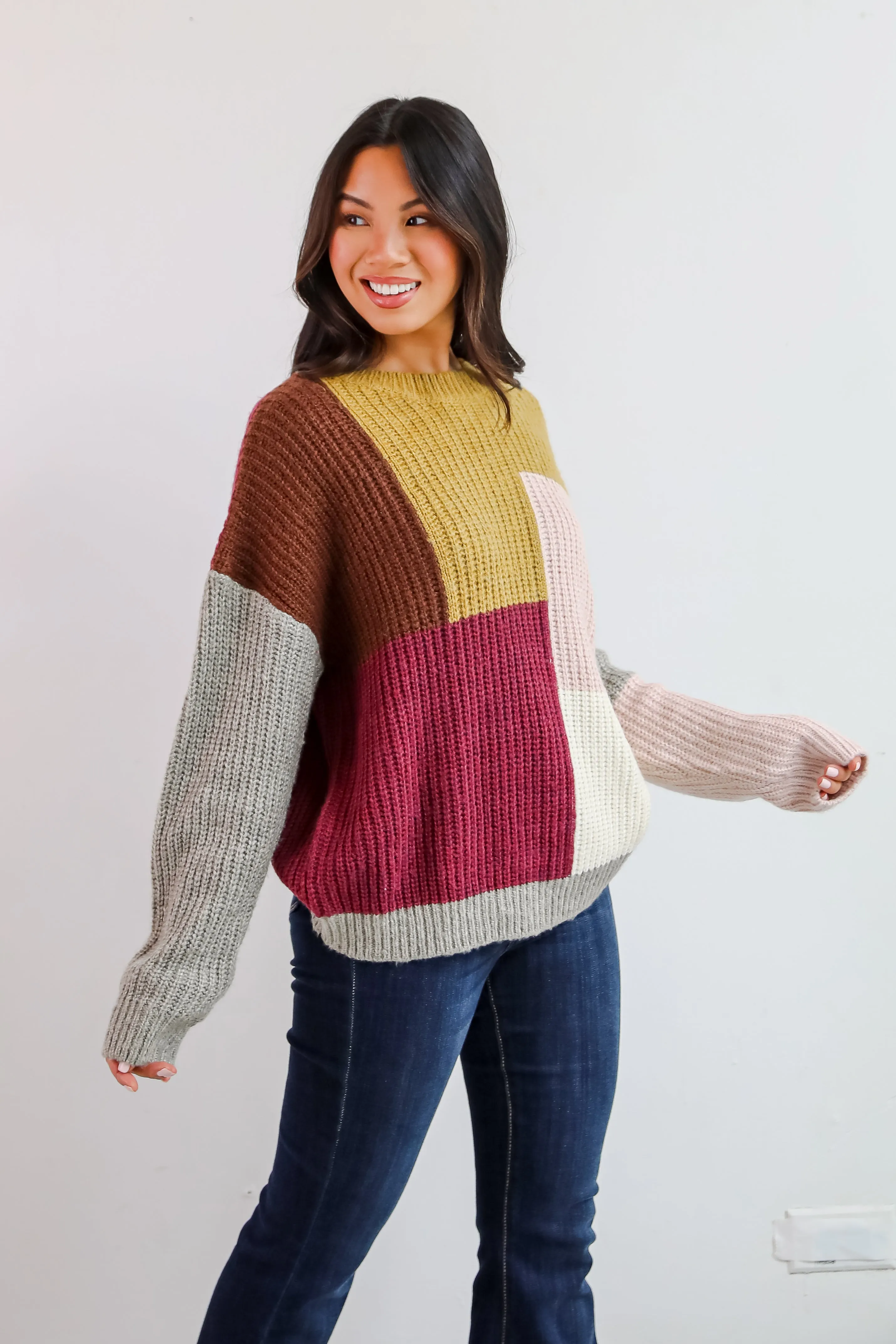 FINAL SALE - Adorable Expression Burgundy Color Block Sweater