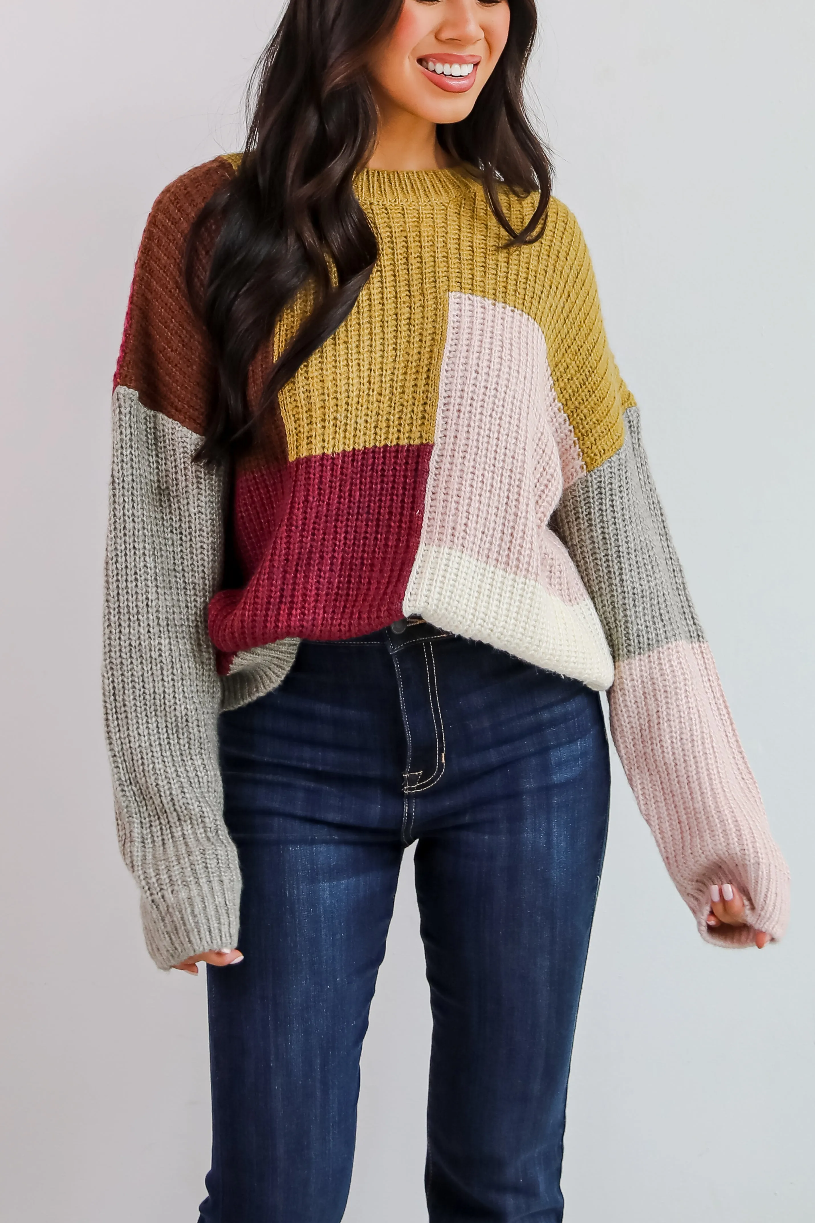 FINAL SALE - Adorable Expression Burgundy Color Block Sweater