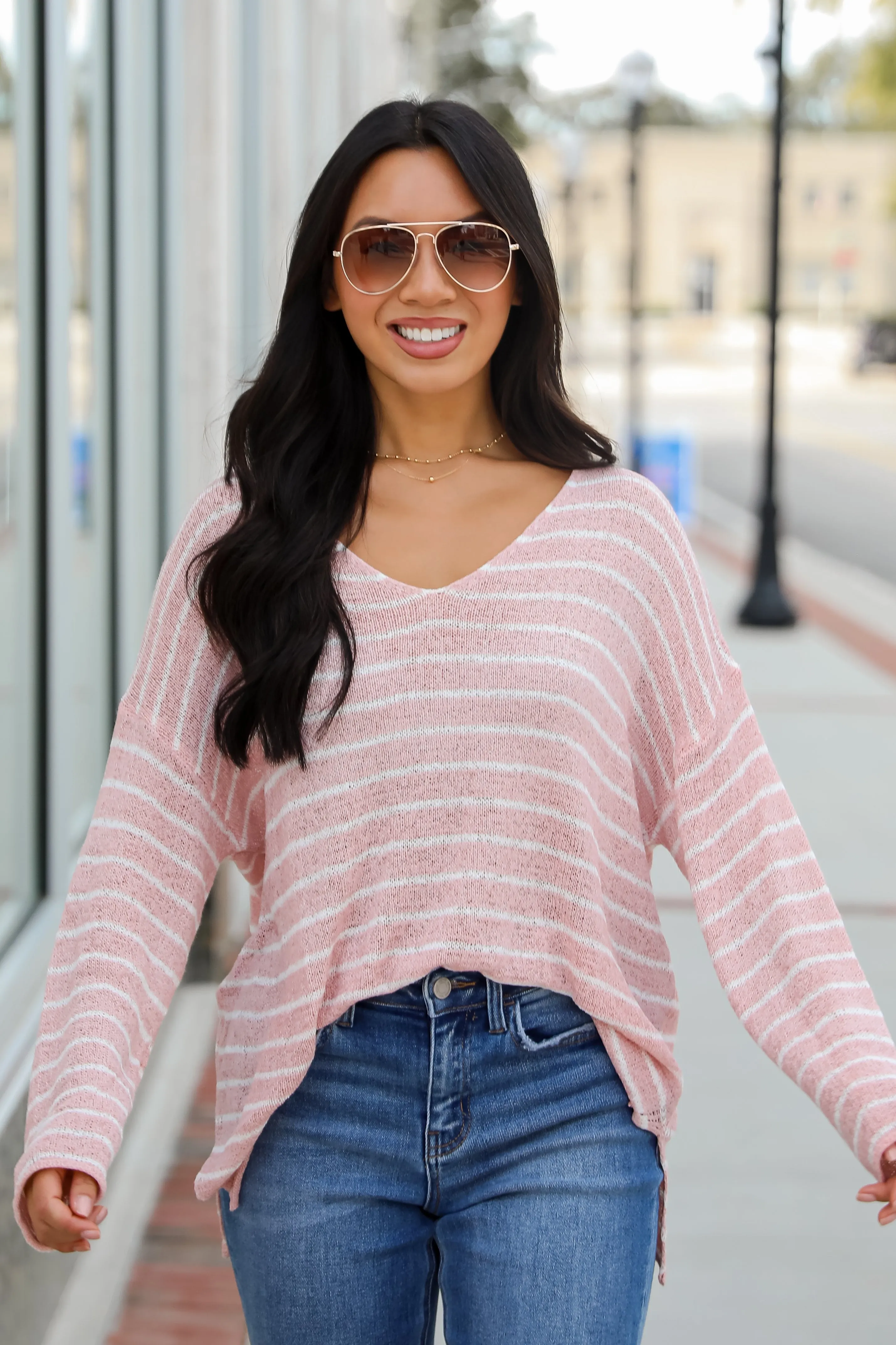 FINAL SALE - Autumn Favorite Blush Striped Lightweight Knit Sweater