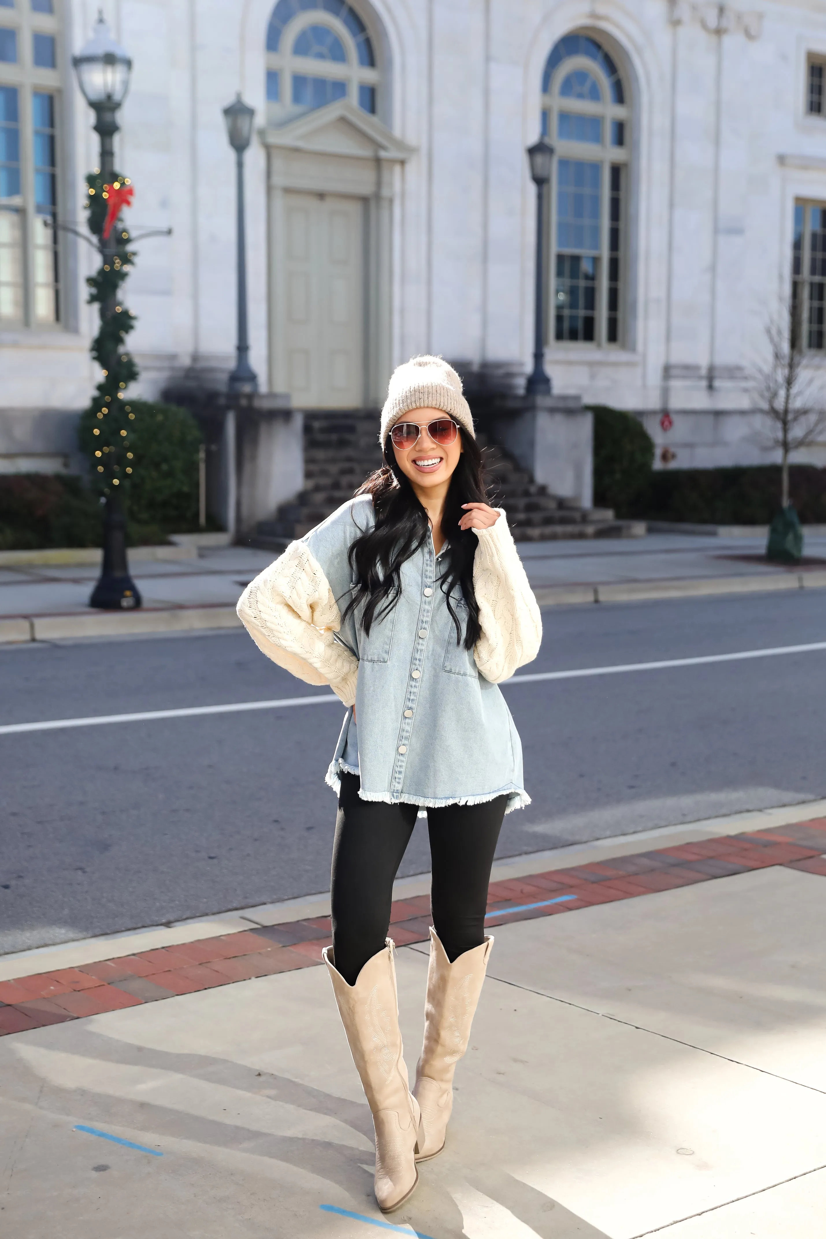 FINAL SALE - Bundled Perfection Denim Cable Knit Sleeve Shacket