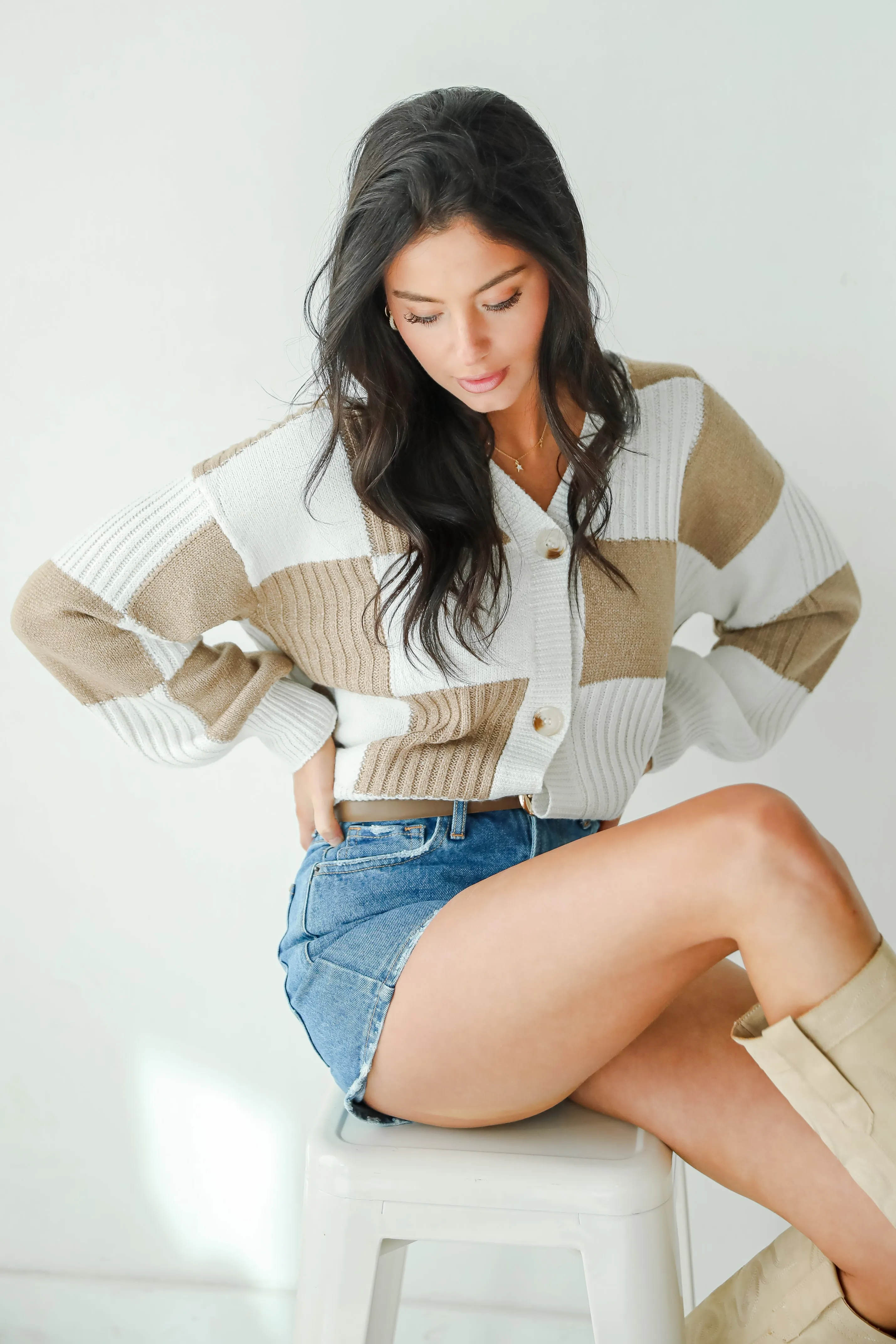 FINAL SALE - Carefree Agenda Ivory Checkered Sweater Cardigan