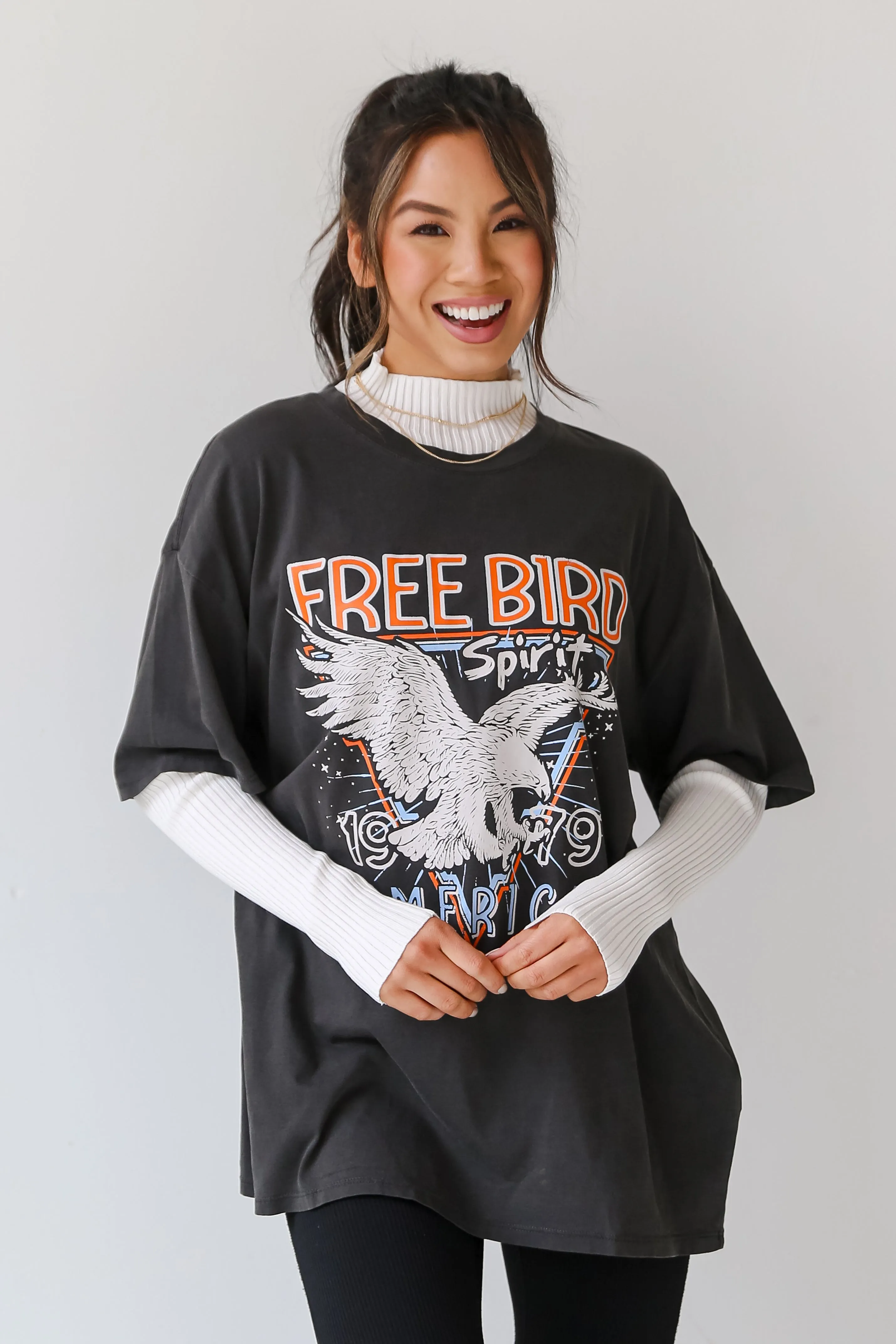 FINAL SALE - Charcoal Free Bird Spirit Oversized Graphic Tee