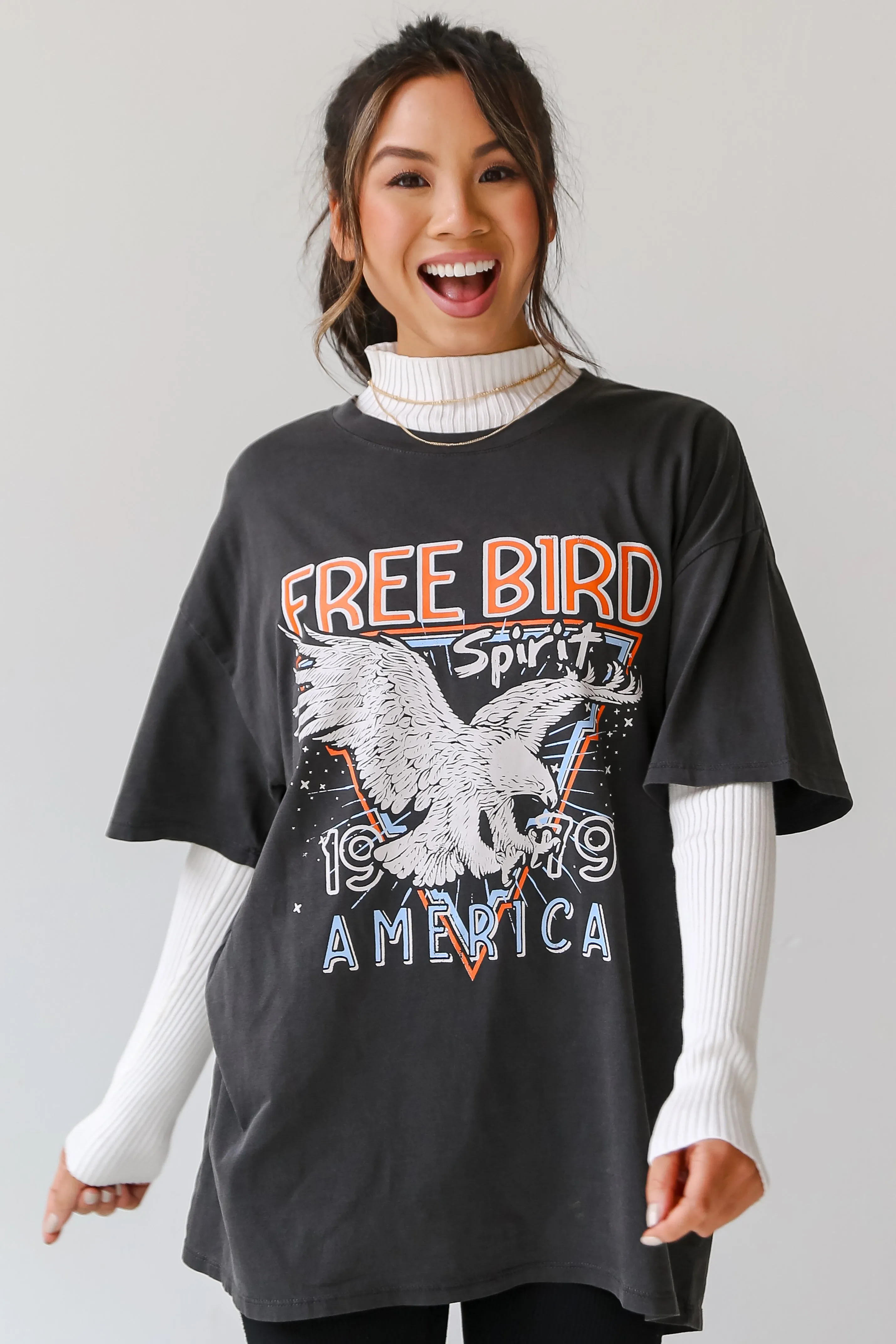 FINAL SALE - Charcoal Free Bird Spirit Oversized Graphic Tee