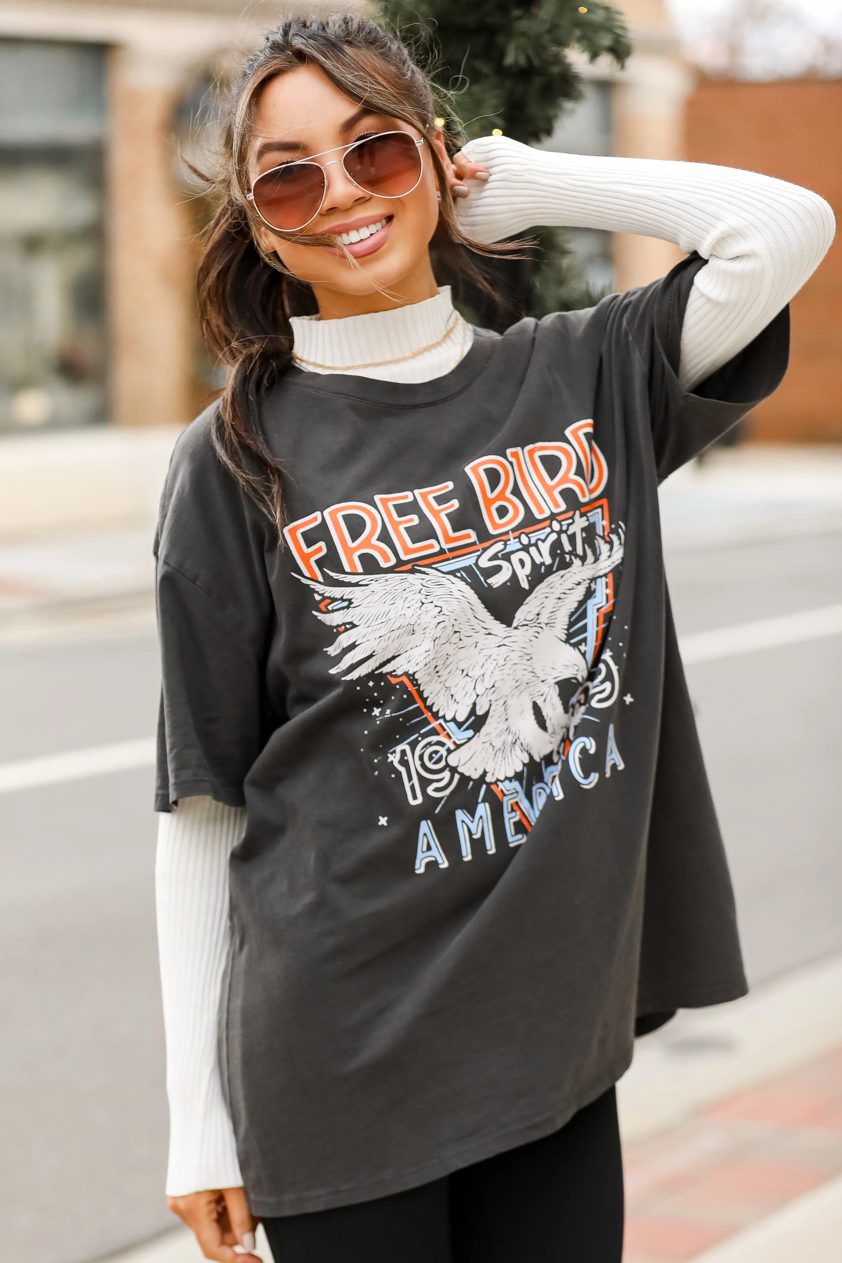 FINAL SALE - Charcoal Free Bird Spirit Oversized Graphic Tee