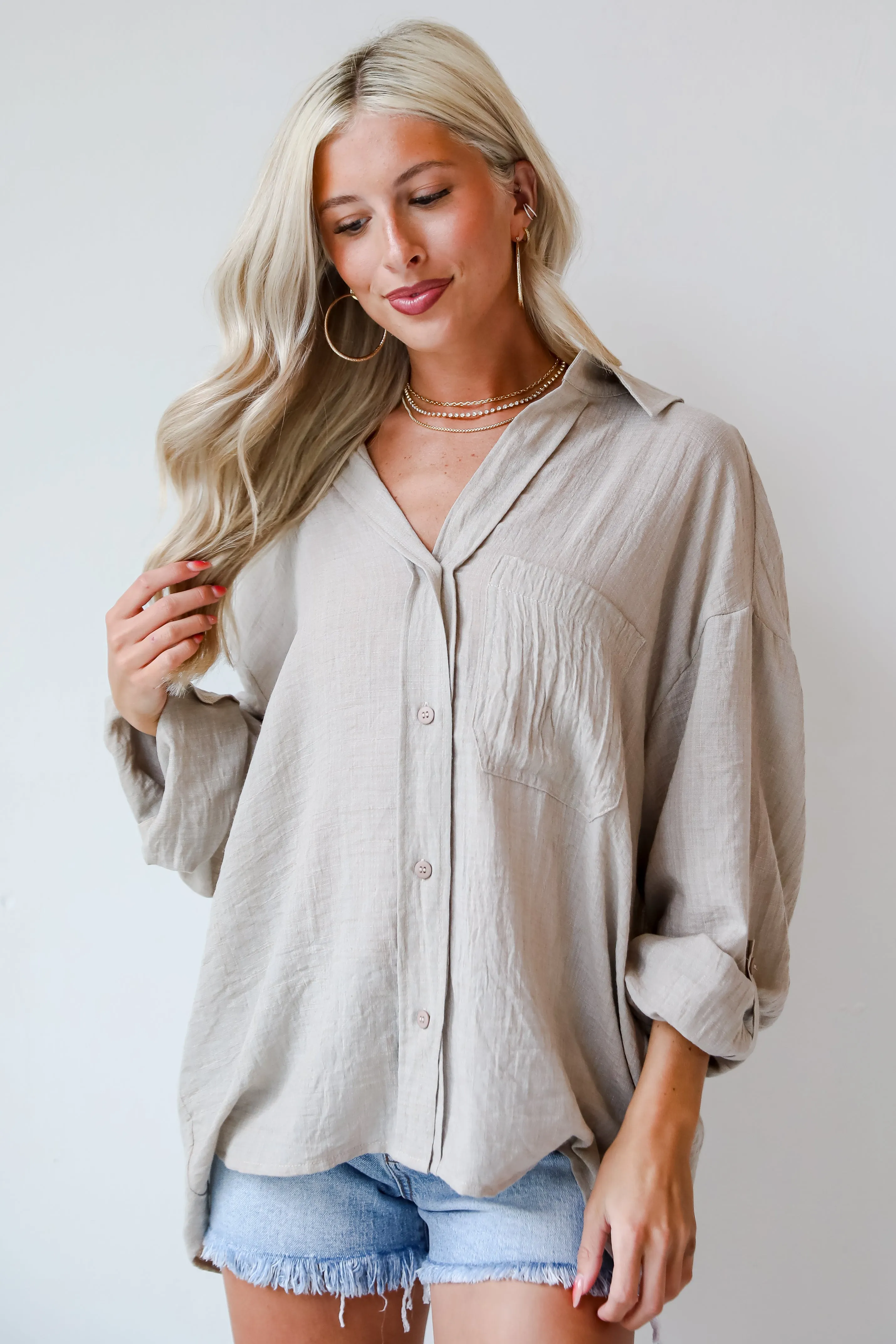 FINAL SALE - Chic Contentment Natural Oversized Button-Up Blouse