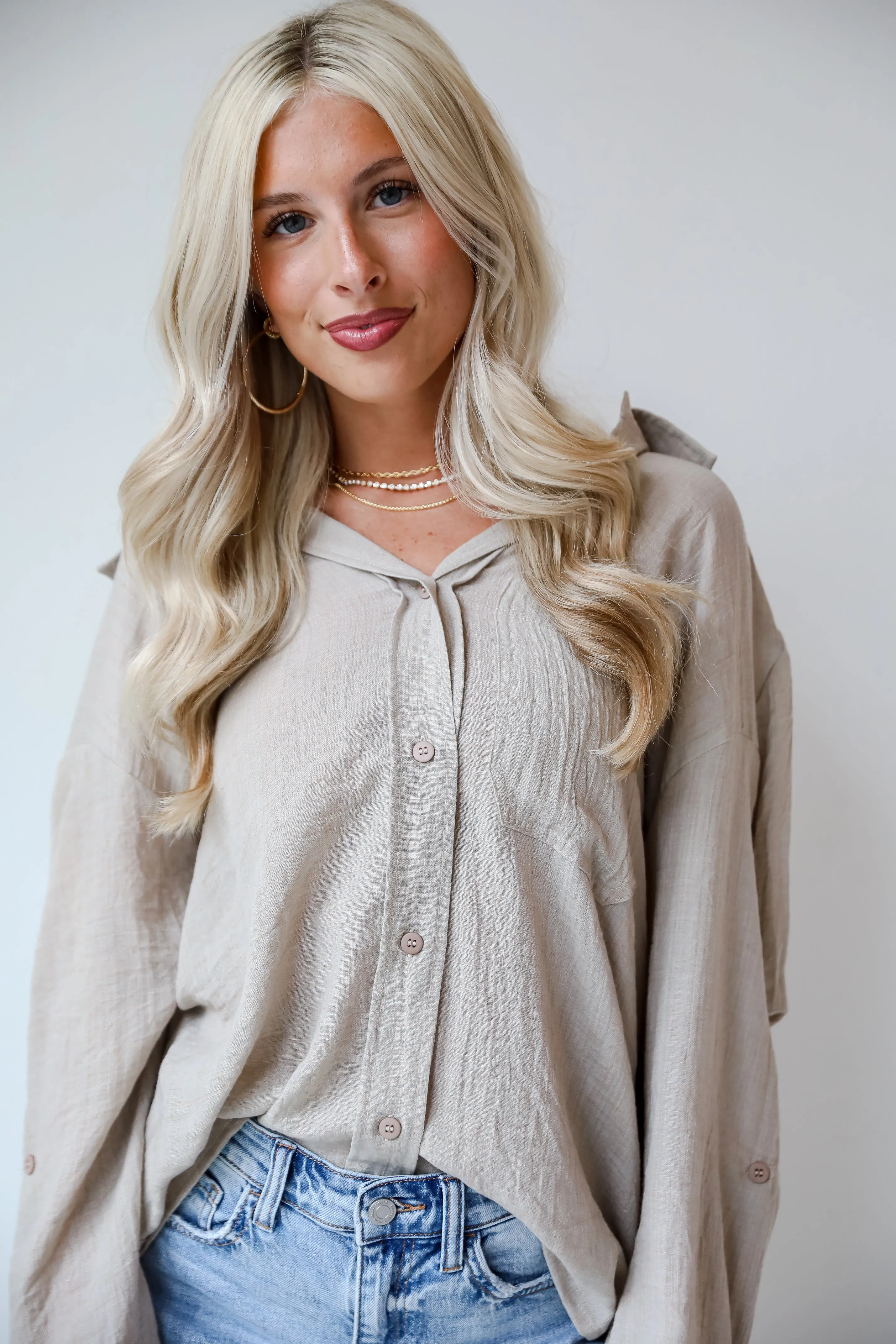 FINAL SALE - Chic Contentment Natural Oversized Button-Up Blouse