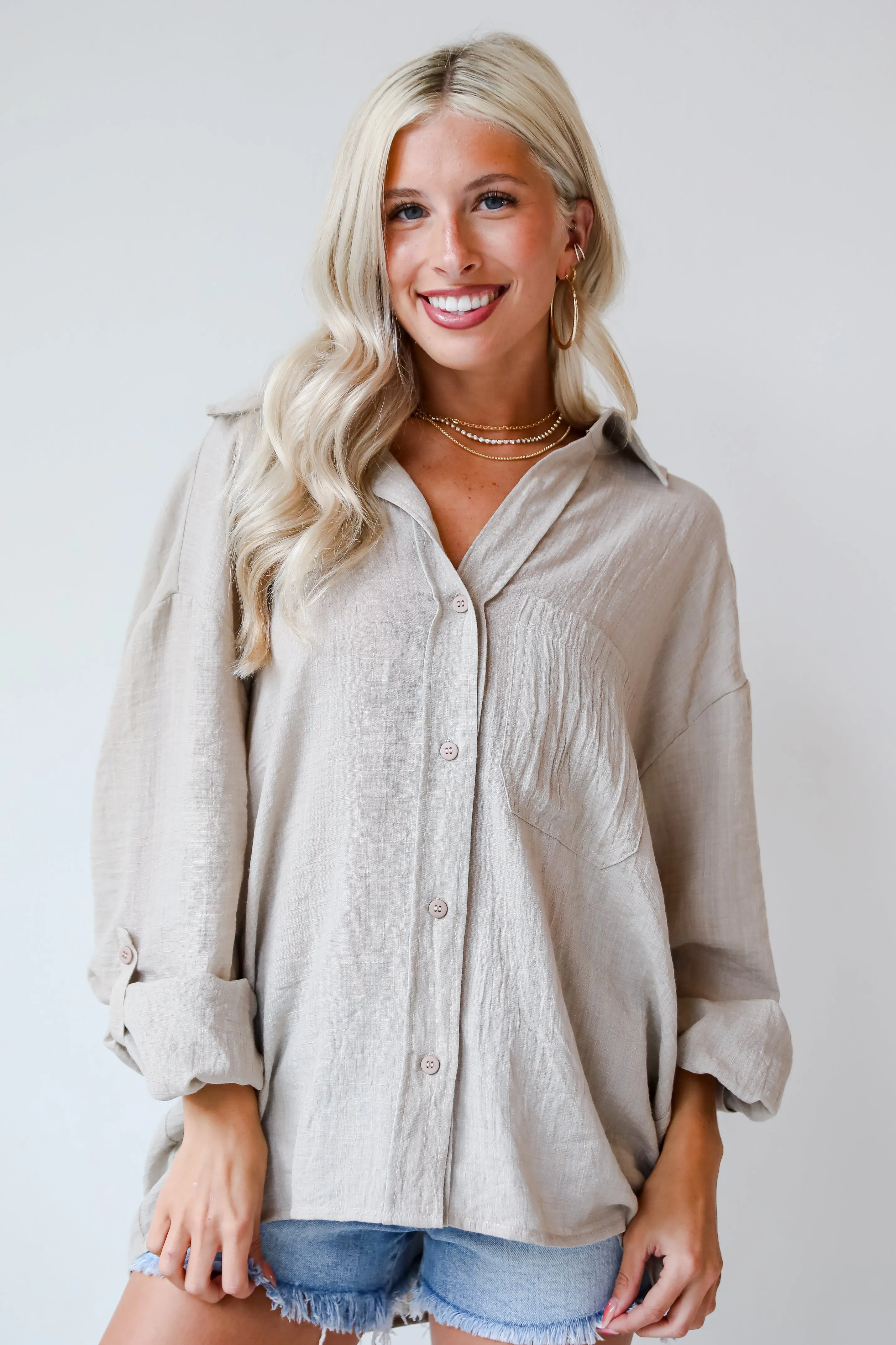 FINAL SALE - Chic Contentment Natural Oversized Button-Up Blouse