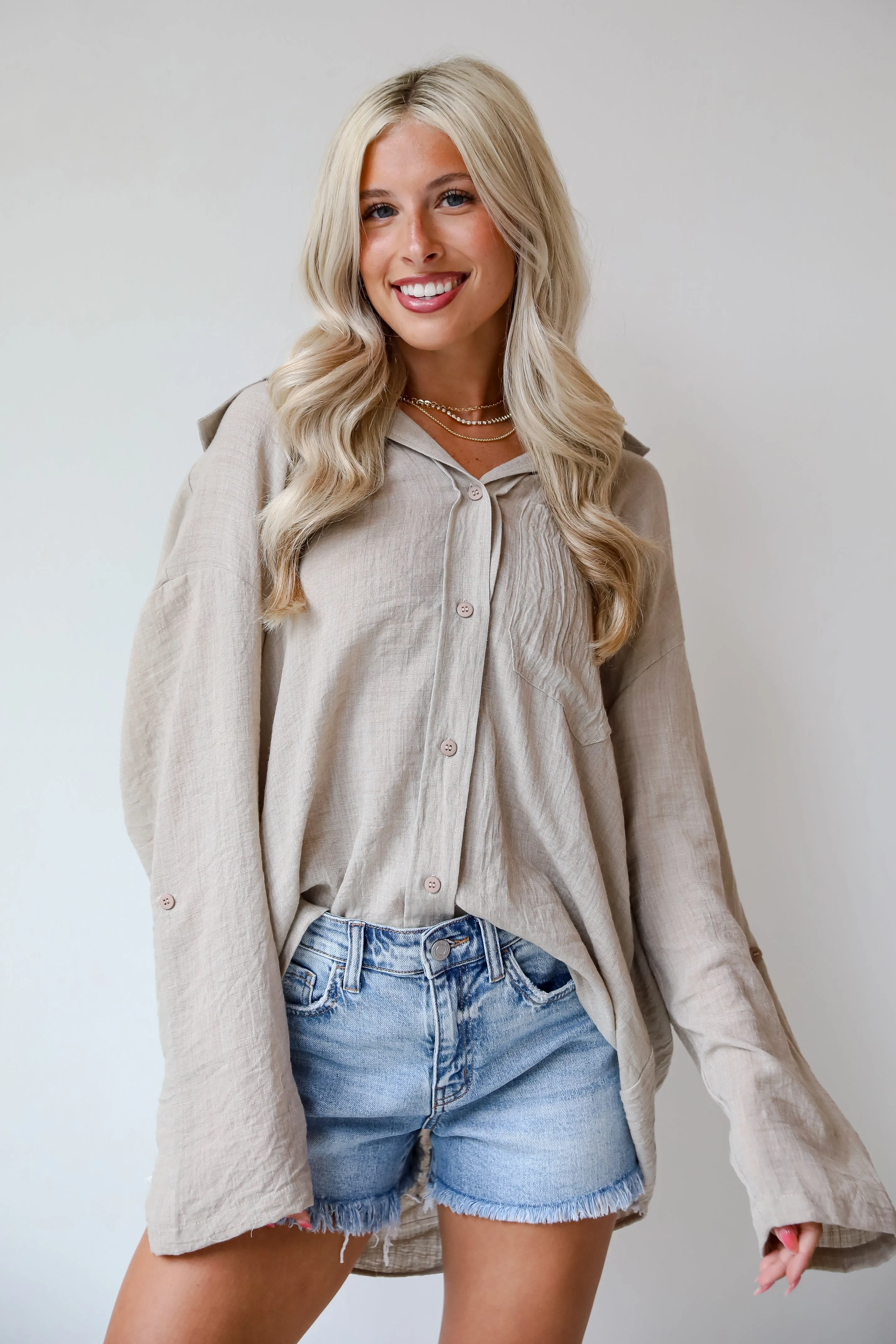 FINAL SALE - Chic Contentment Natural Oversized Button-Up Blouse