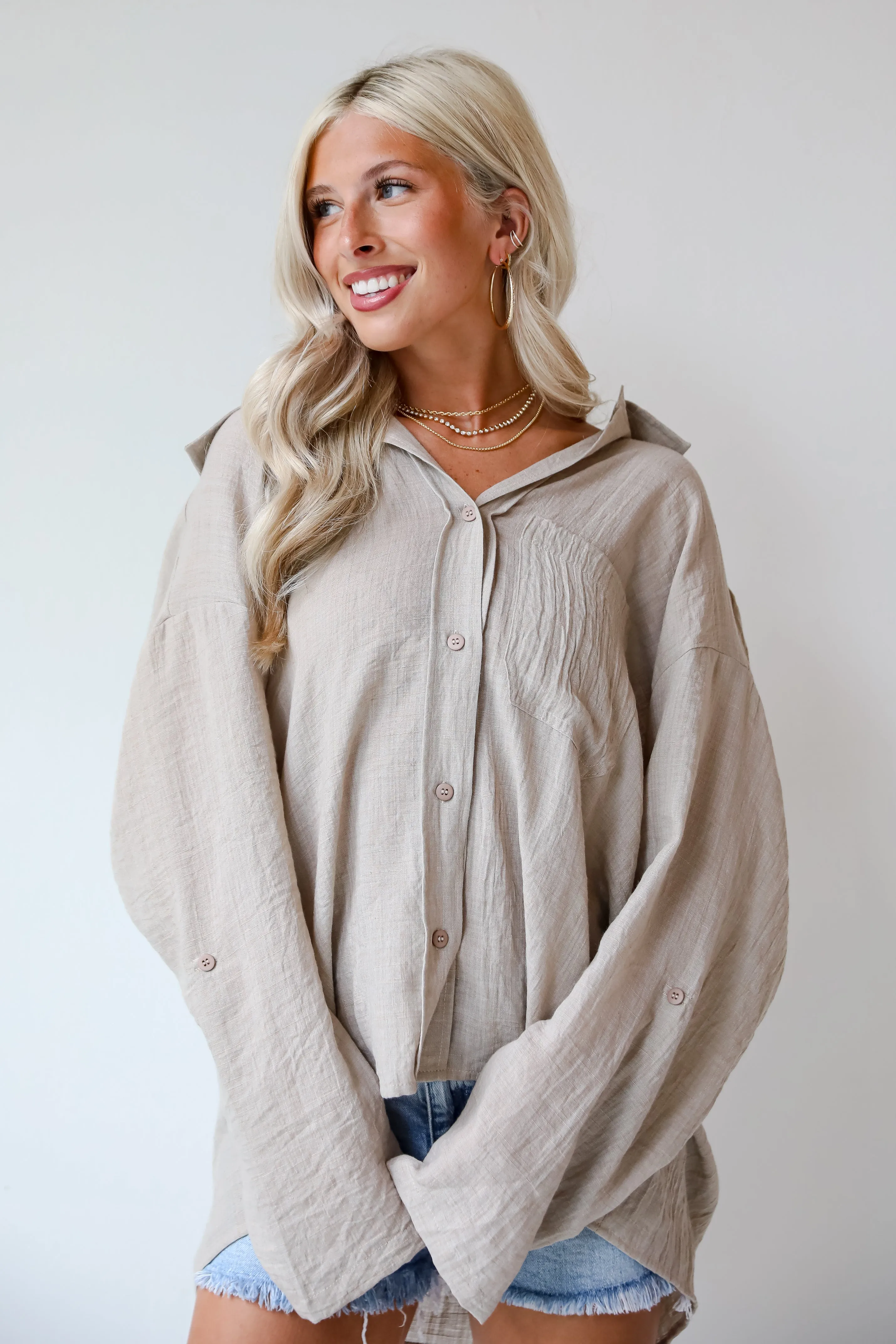FINAL SALE - Chic Contentment Natural Oversized Button-Up Blouse