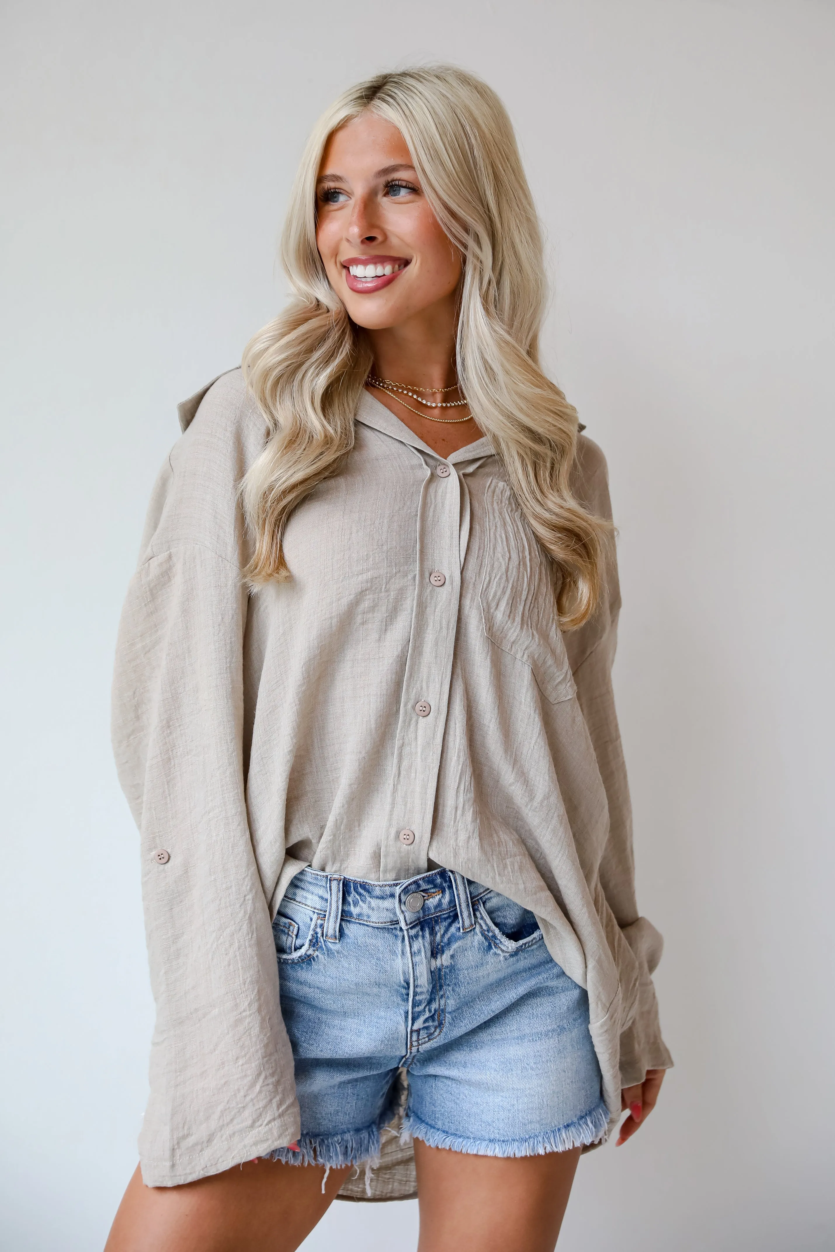 FINAL SALE - Chic Contentment Natural Oversized Button-Up Blouse