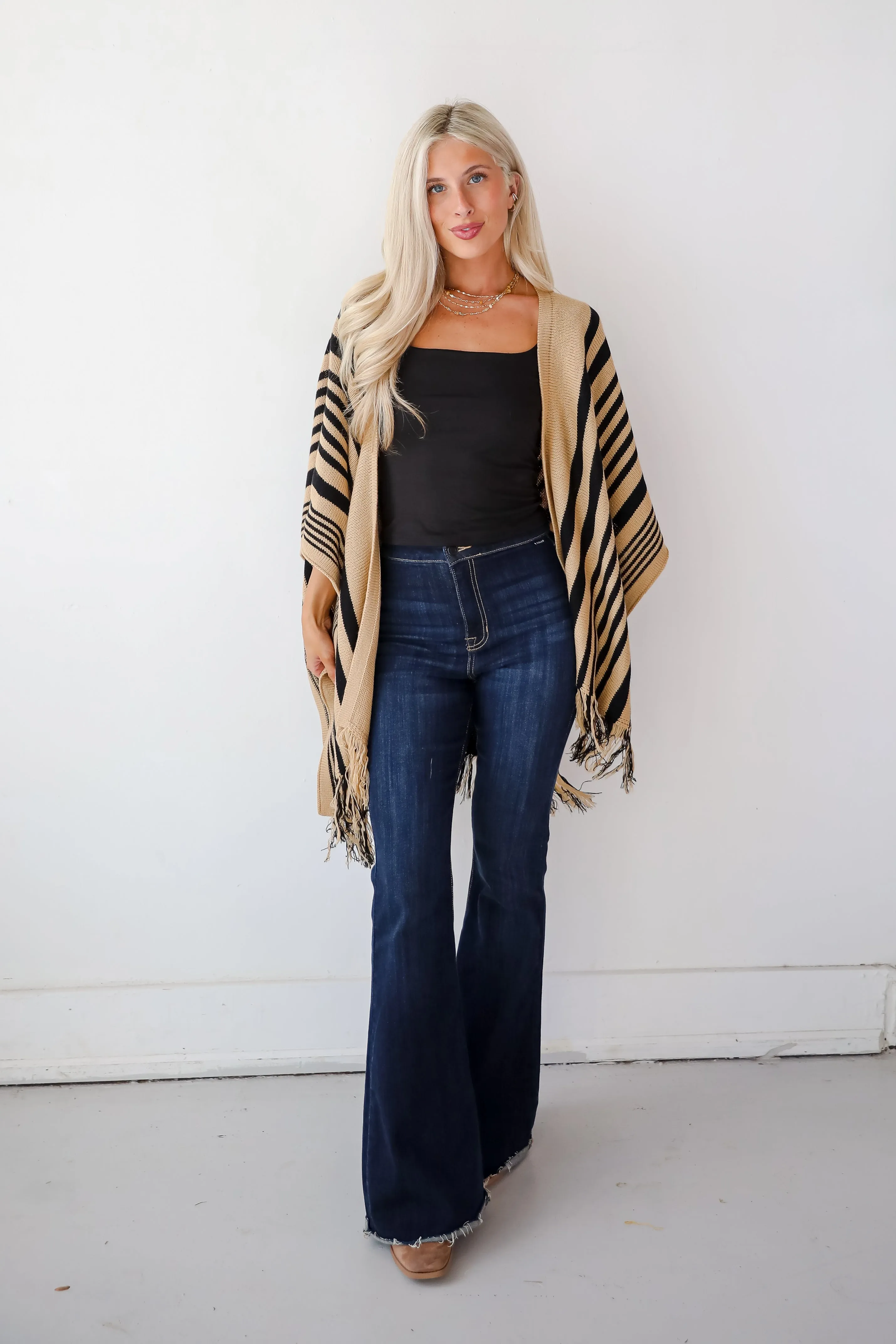 FINAL SALE - Comfy Concept Beige Striped Fringe Kimono - DOORBUSTER