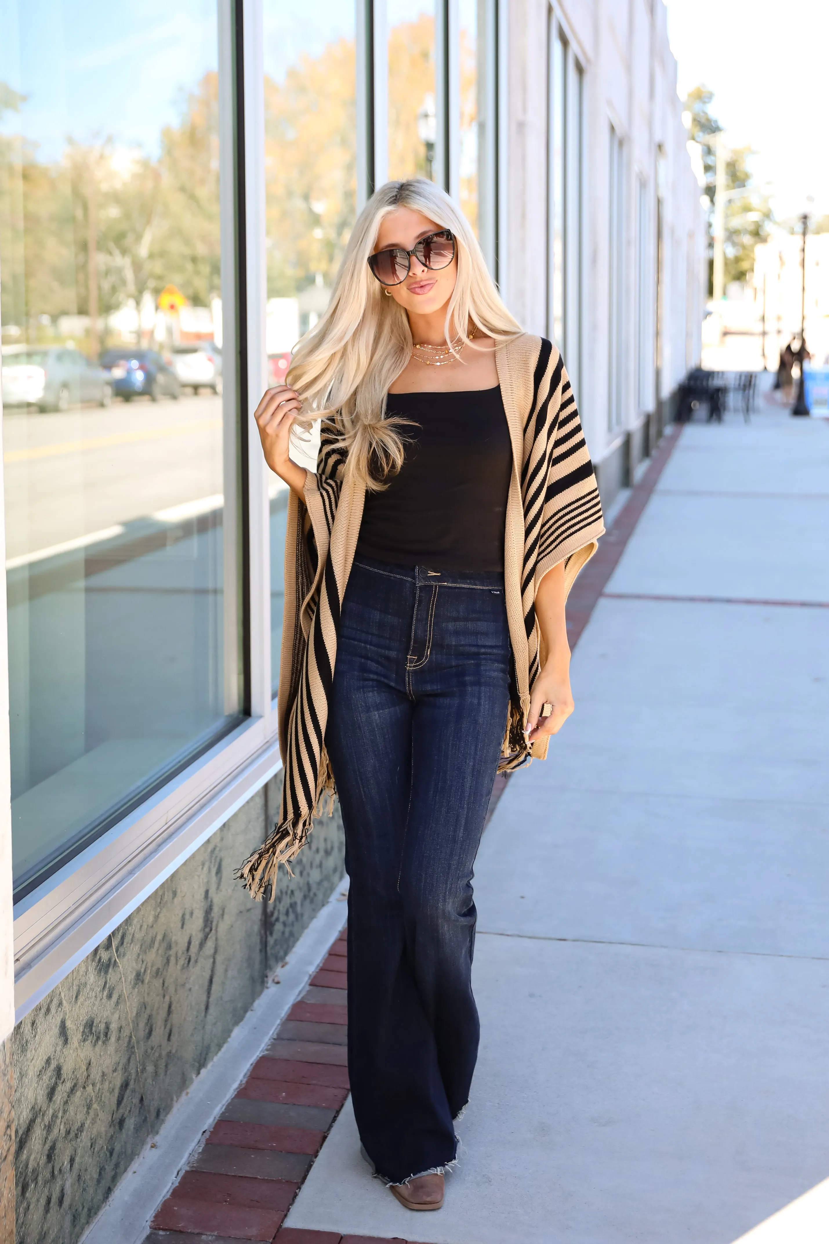 FINAL SALE - Comfy Concept Beige Striped Fringe Kimono - DOORBUSTER