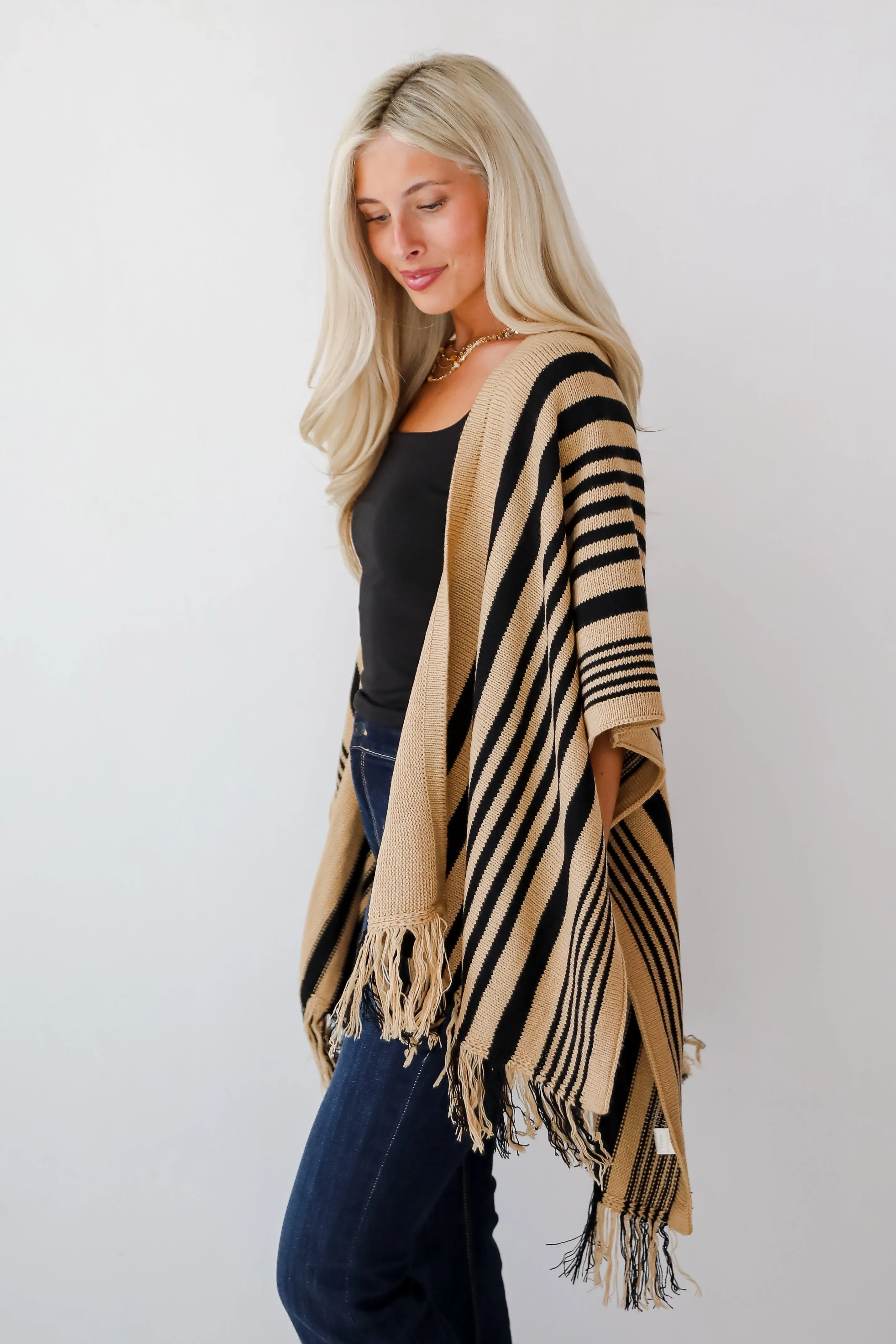 FINAL SALE - Comfy Concept Beige Striped Fringe Kimono - DOORBUSTER